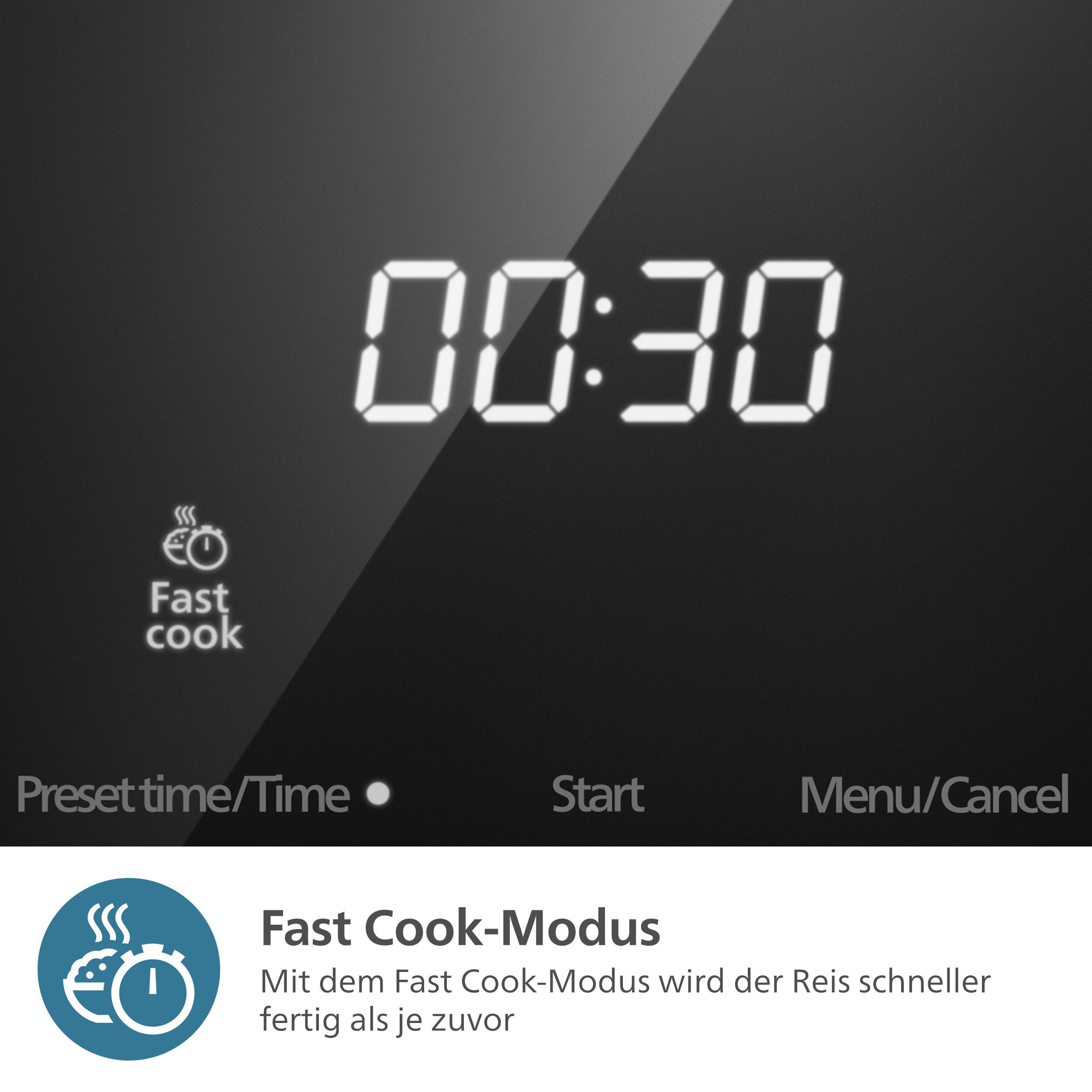 Anzeige mit 00:30, mit Knöpfen und Text, die einen Schnellkochmodus veranschaulichen.