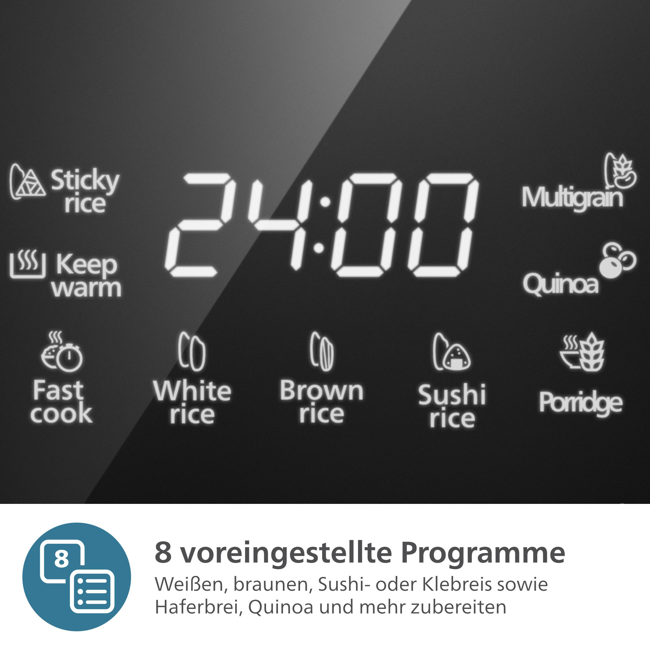 Eine digitale Anzeige mit verschiedenen Kochprogrammen und einem Timer, der auf 24:00 eingestellt ist.