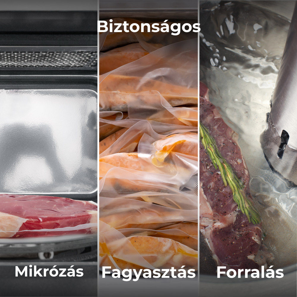 Három kép: ételek vákuumzacskókban: mikrózás, fagyasztás és forralás.