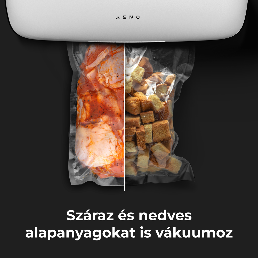 Vákuumzáró gép étellel zacskókban. Szöveg: száraz és nedves anyagok.
