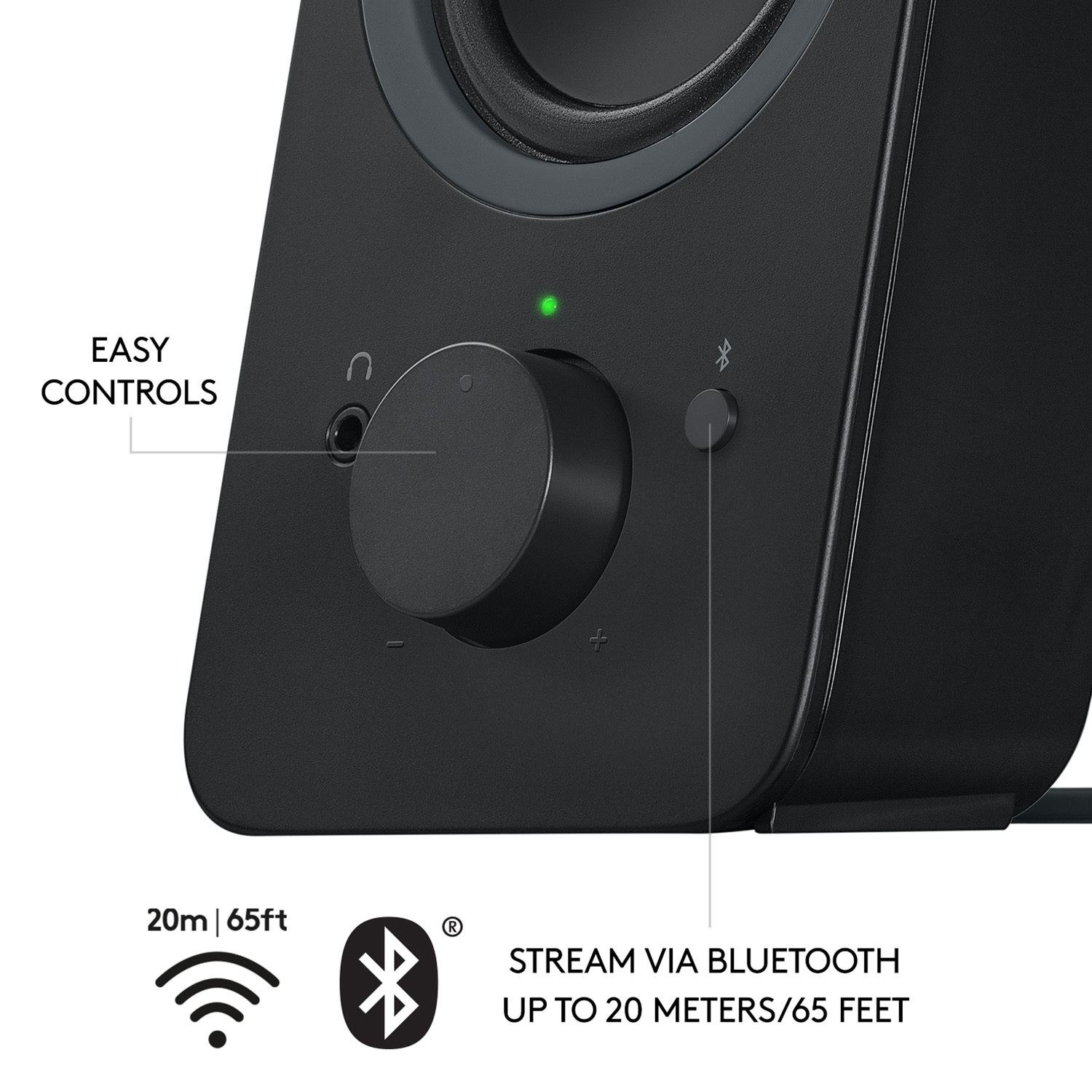 Gros plan sur l'enceinte montrant les commandes faciles, le bouton de volume et les options de connectivité Bluetooth.