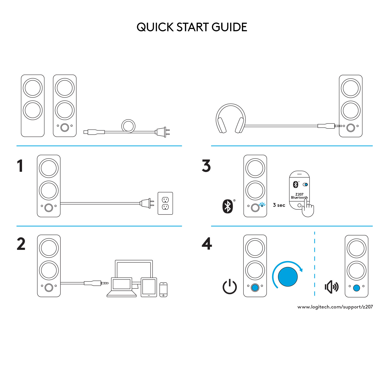 Guide de démarrage rapide avec des étapes numérotées montrant comment connecter des haut-parleurs.
