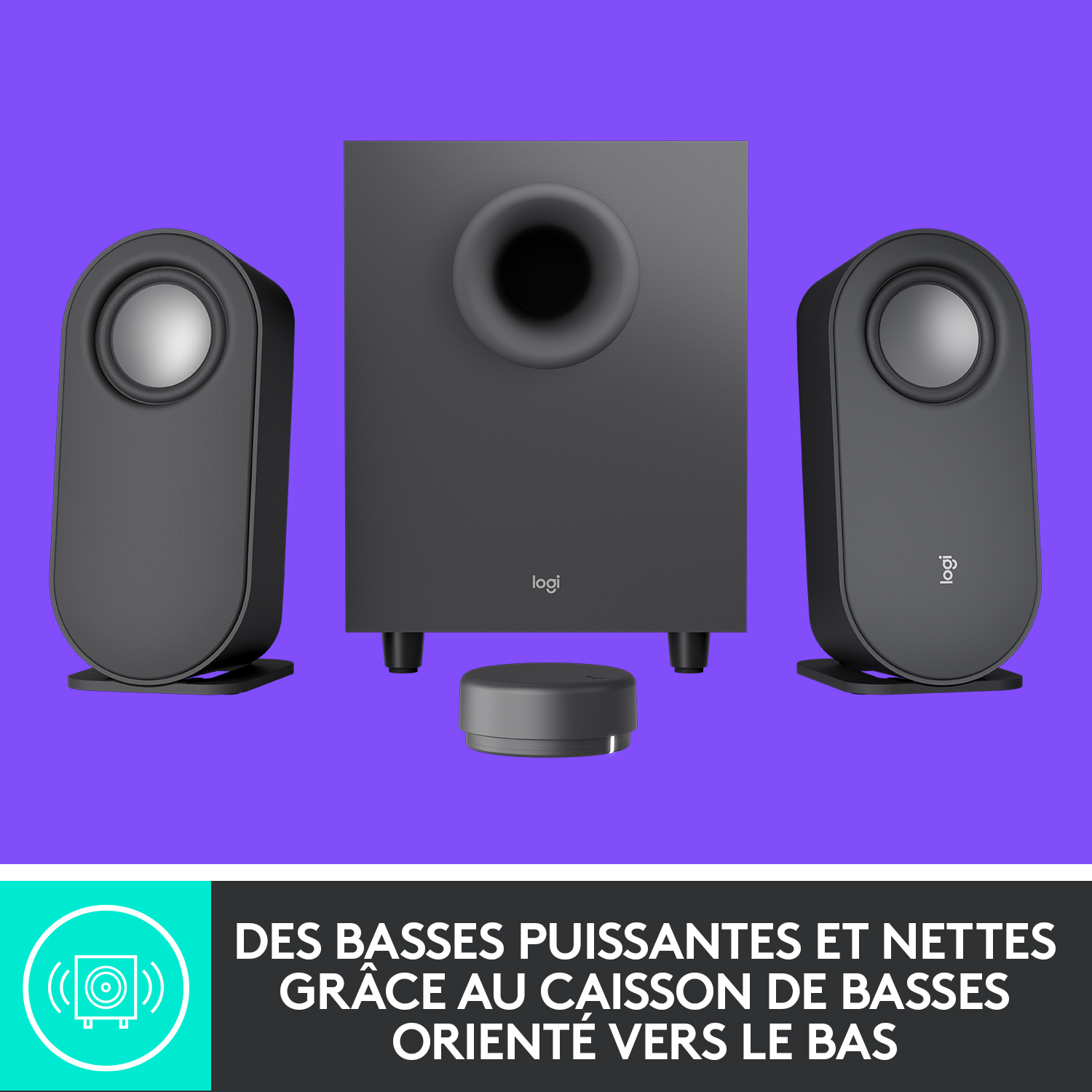 Ensemble d'enceintes noires avec un caisson de basses et texte décrivant des basses puissantes d'un caisson de basses.