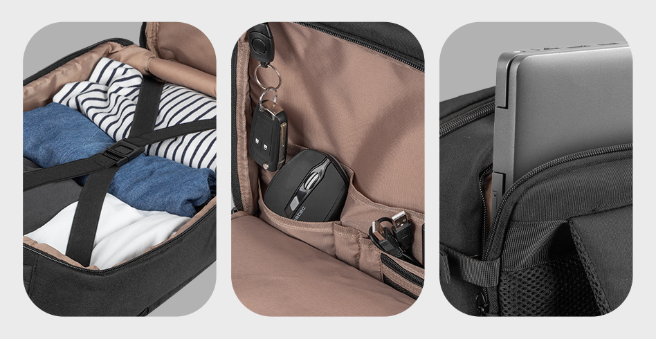 Czarne wnętrze plecaka pokazujące ubrania, klucze z myszą i etui na laptopa.