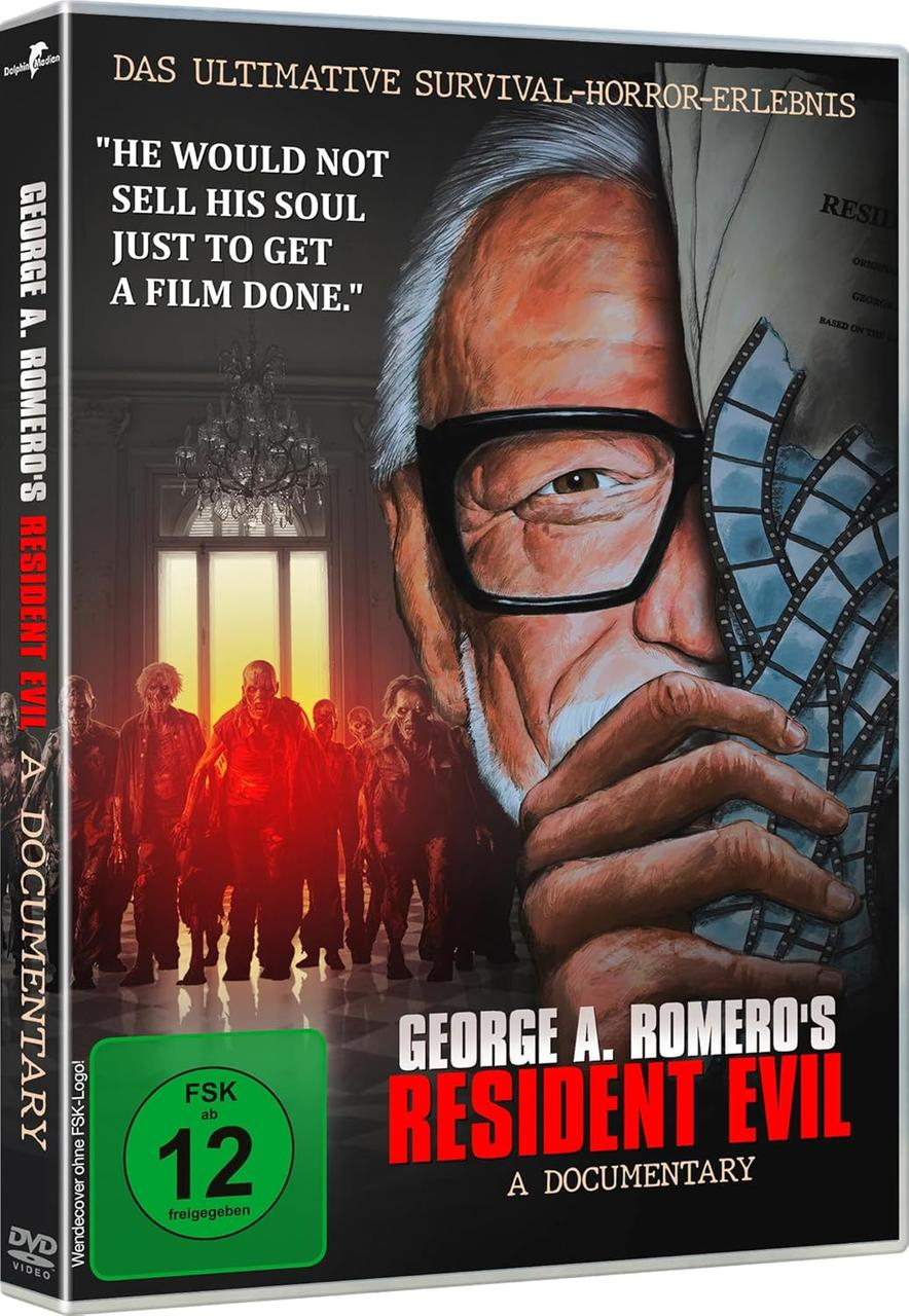 DVD-Cover: George A. Romeros Resident Evil. Ein Mann mit Zombies im Hintergrund.