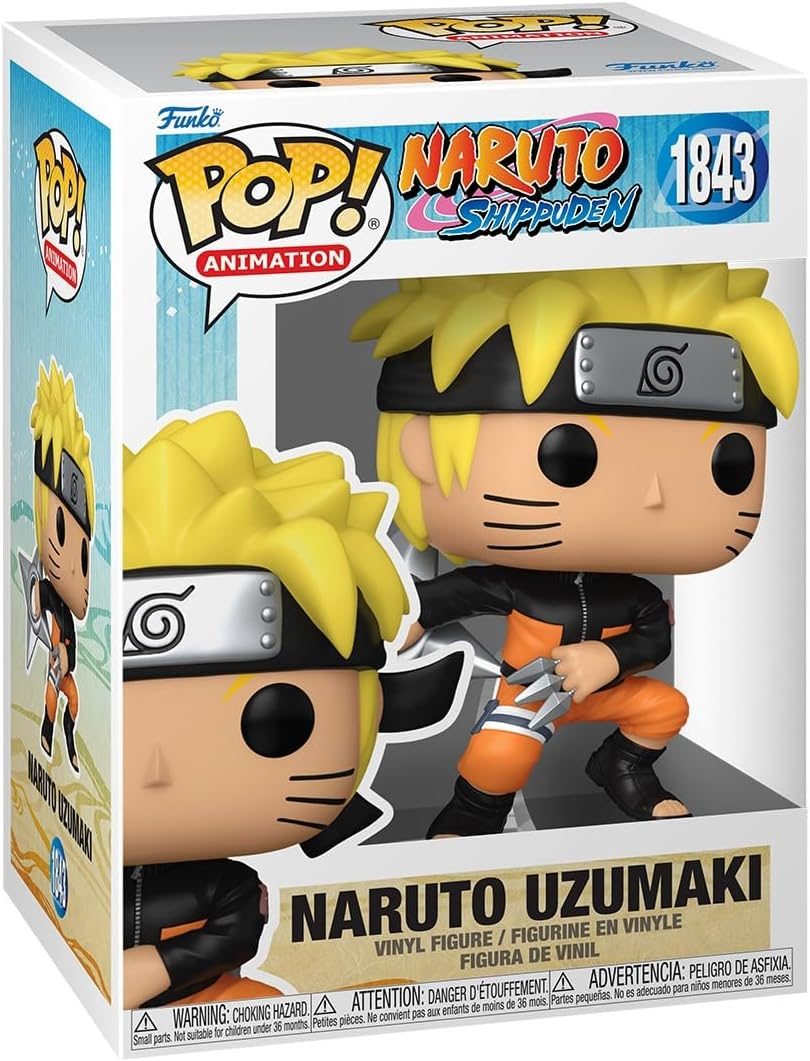 Figura Funko Pop de Naruto Uzumaki en una caja. La figura tiene una pose dinámica con atuendo naranja y negro.