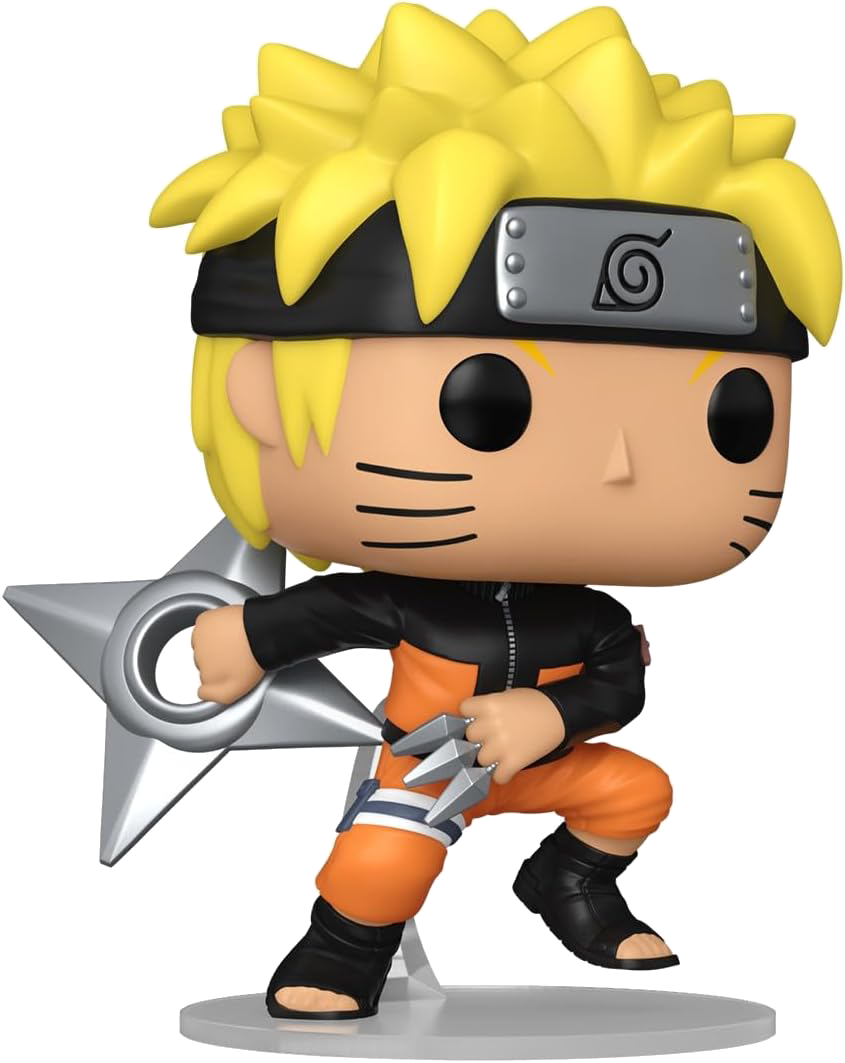 Figura Funko Pop de Naruto. Pelo amarillo, atuendo naranja, kunai y una diadema plateada.