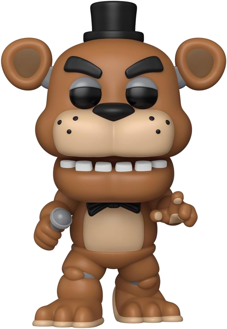 Figura de juguete Freddy Fazbear, oso pardo con sombrero y pajarita negros.