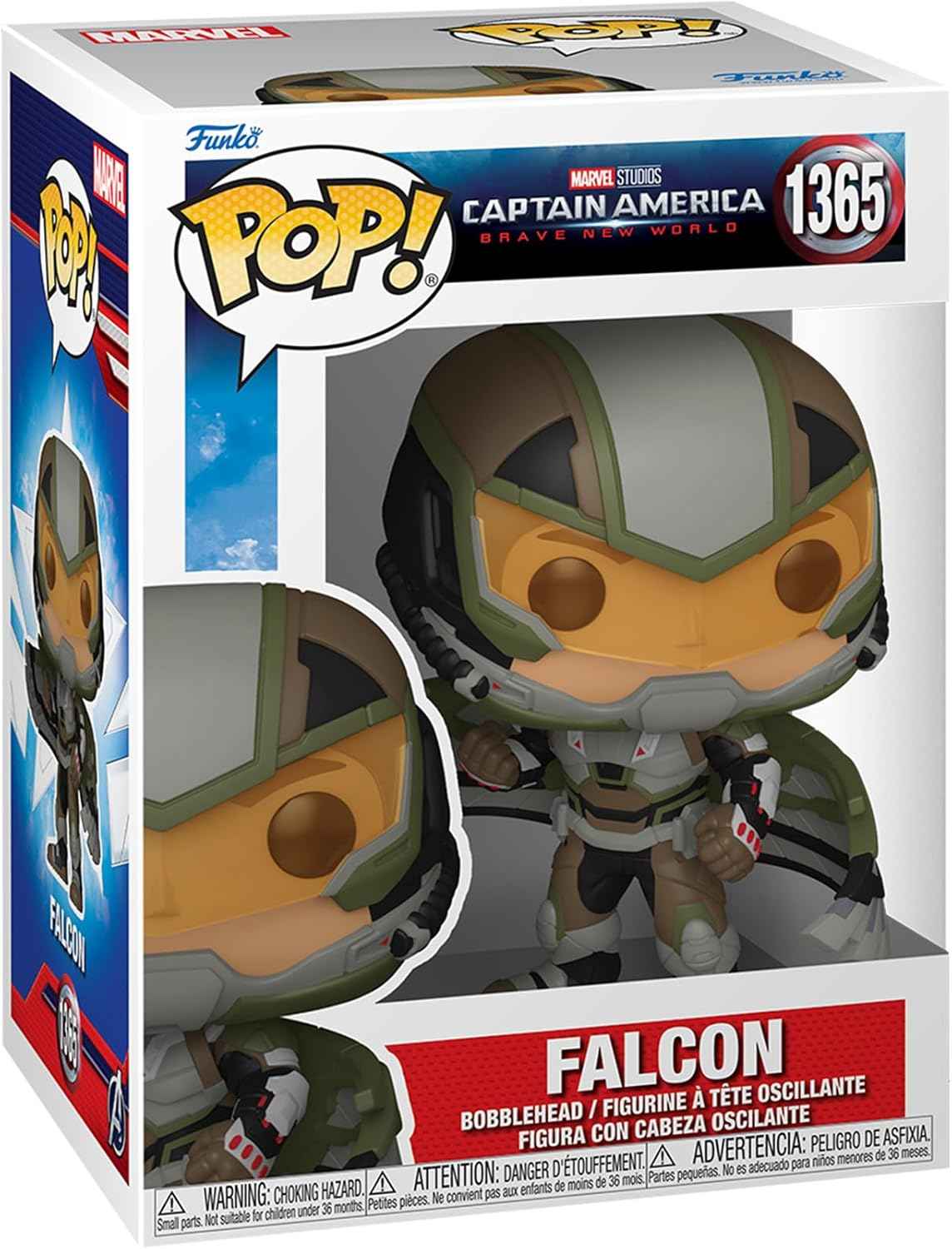 Una figura Funko Pop de Falcon de Capitán América: Brave New World en una caja expositora.