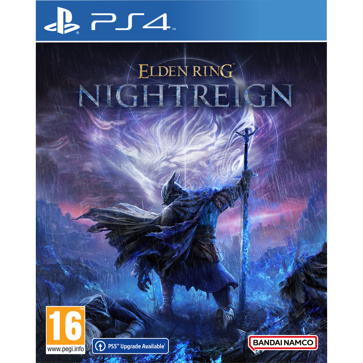 Elden Ring: Nightreign game cover toont een ridder met een gloeiend zwaard in een donker landschap.