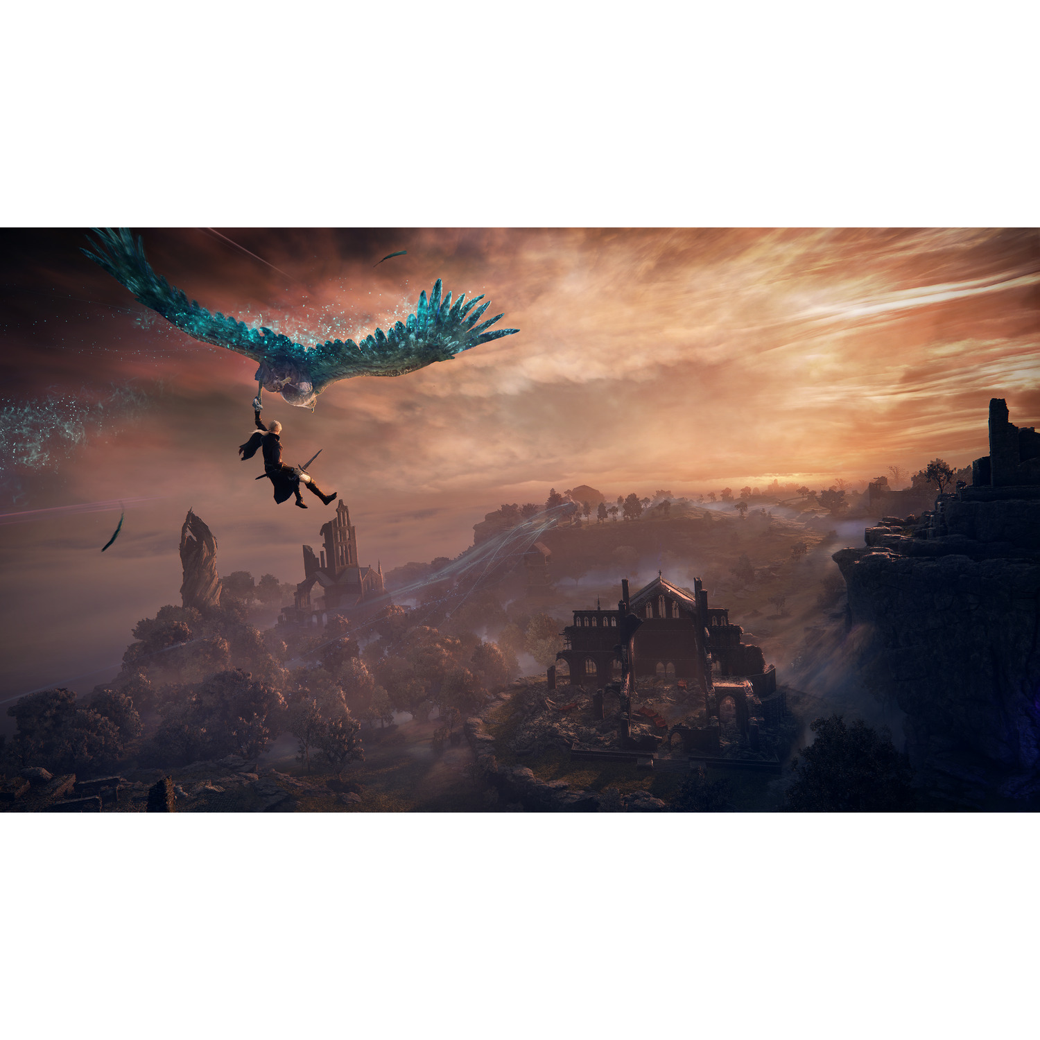 Une figure avec une épée volant avec un oiseau au-dessus d'un paysage. Ciel dramatique, château et montagnes.