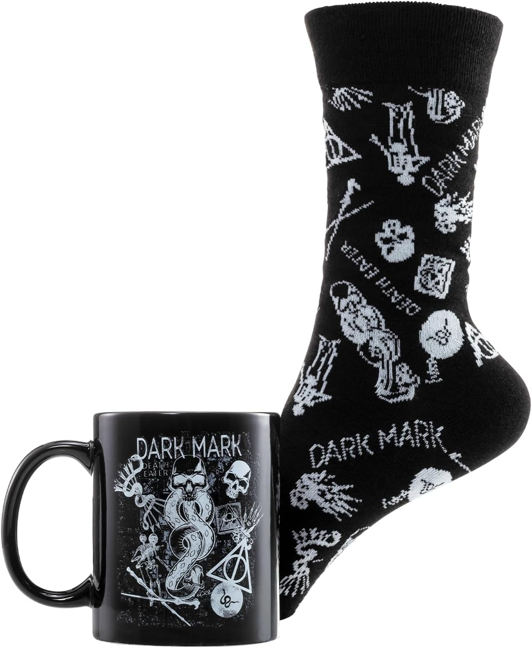 Juego de taza y calcetines de Harry Potter con diseño de marca oscura.