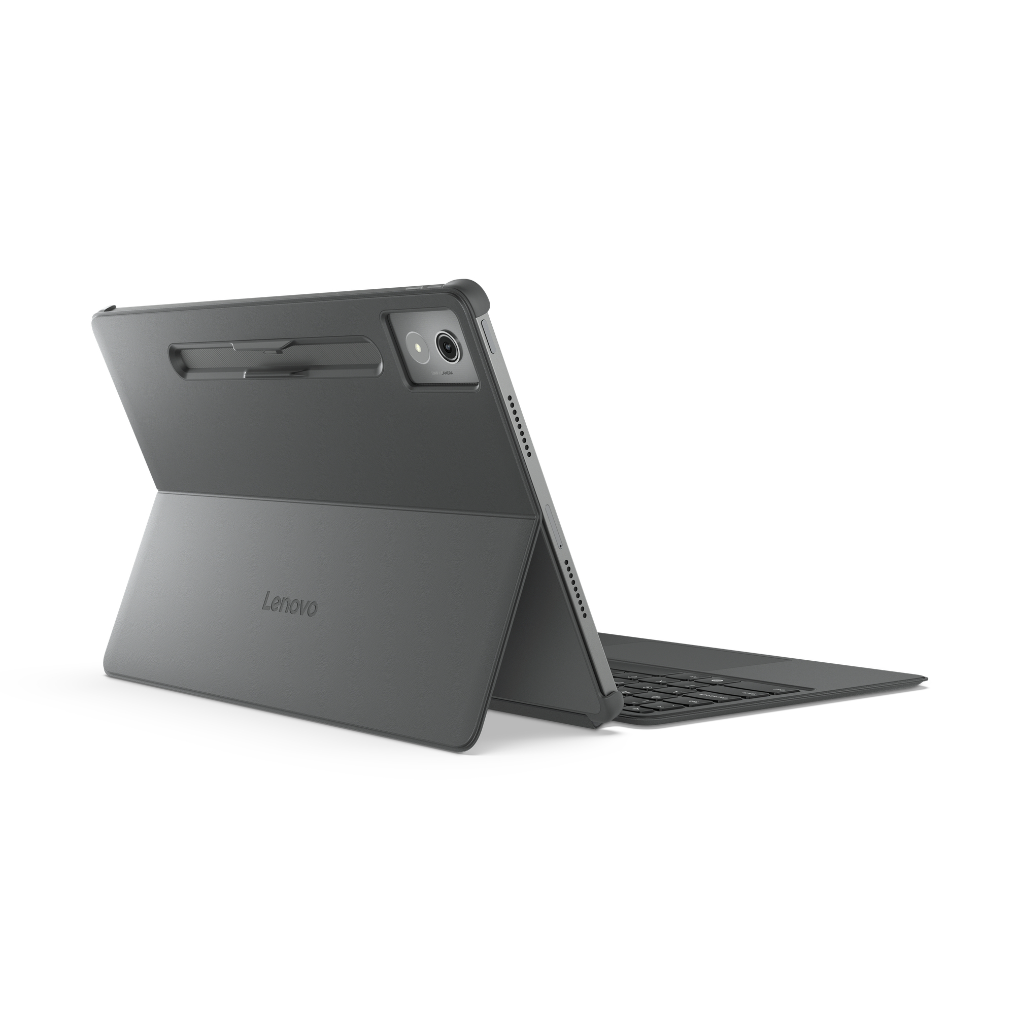 Ein dunkelgraues Lenovo-Tablet mit Tastaturhülle auf weißem Hintergrund.