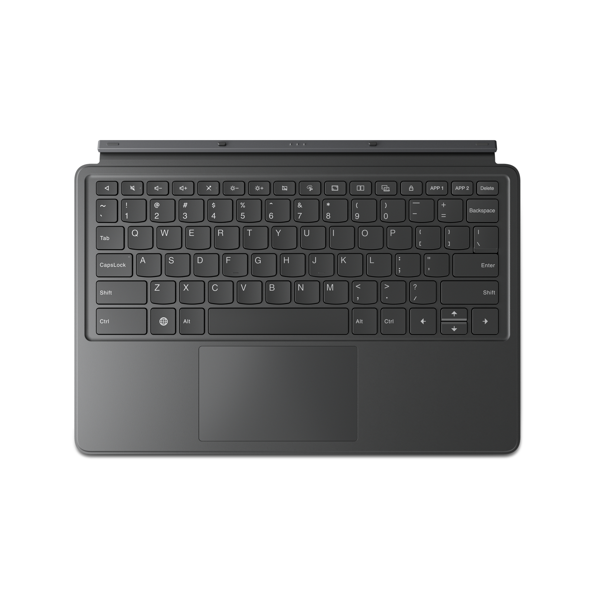 Eine schwarze Tablet-Tastatur mit Touchpad, Tasten und Tablet-Befestigung.