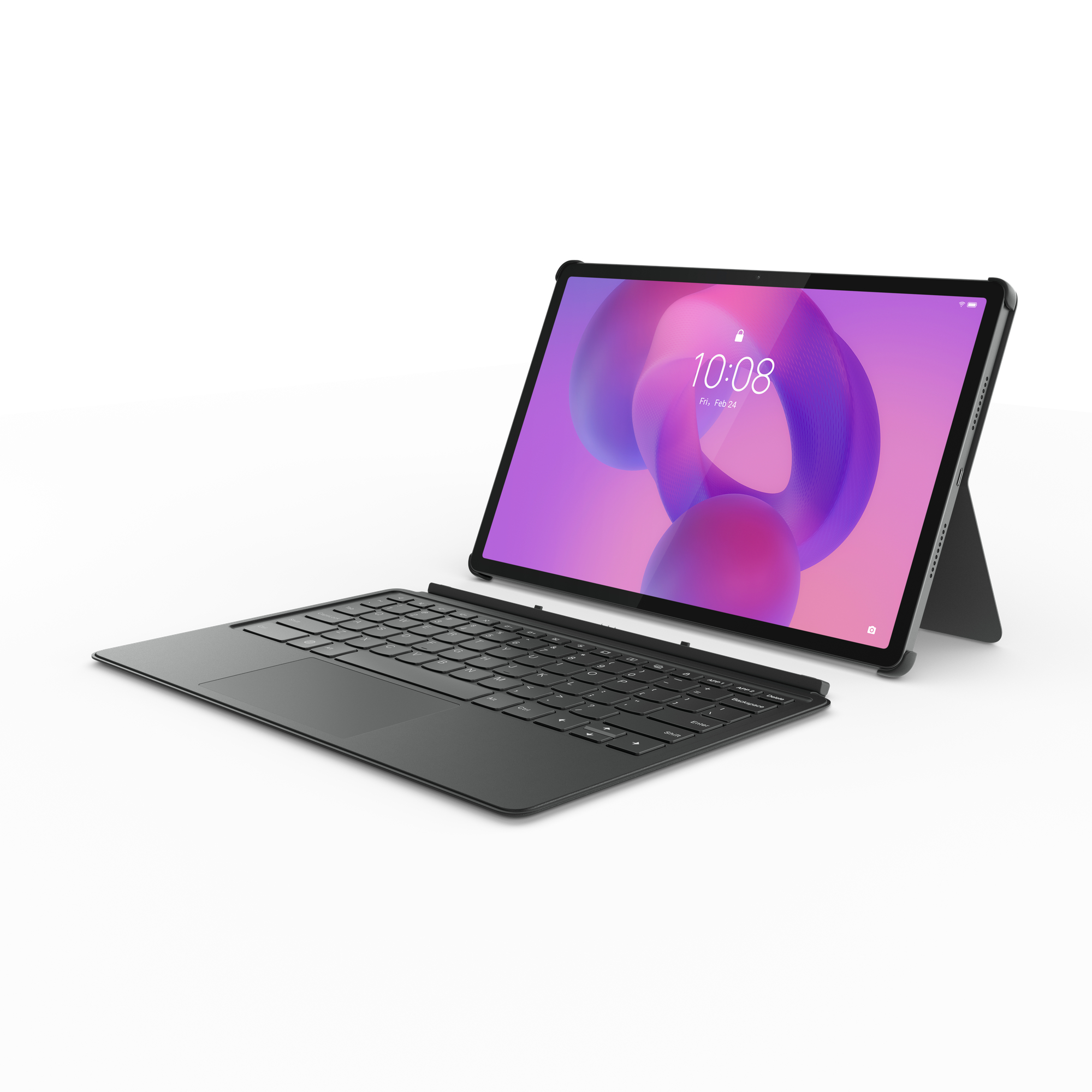 Ein Tablet mit Tastatur wird gezeigt. Der Bildschirm zeigt eine violette und rosa Grafik mit der Uhrzeit.