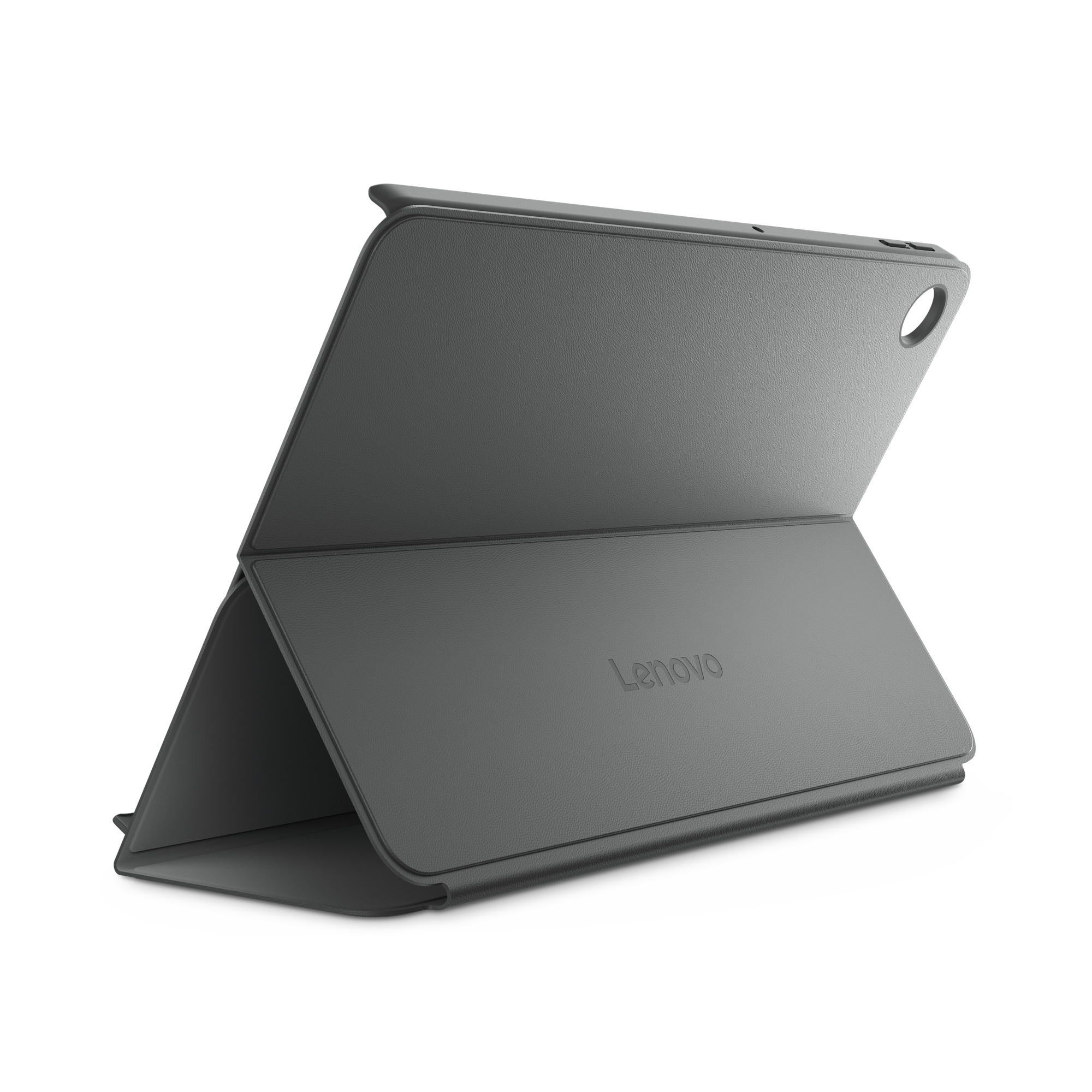 Dunkelgraue Lenovo Tablet-Hülle geöffnet und abgewinkelt.