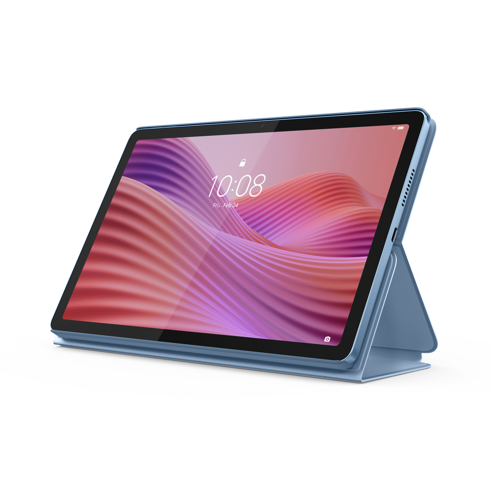 Ein blaues Tablet mit Hülle und einer Uhr auf dem Bildschirm.