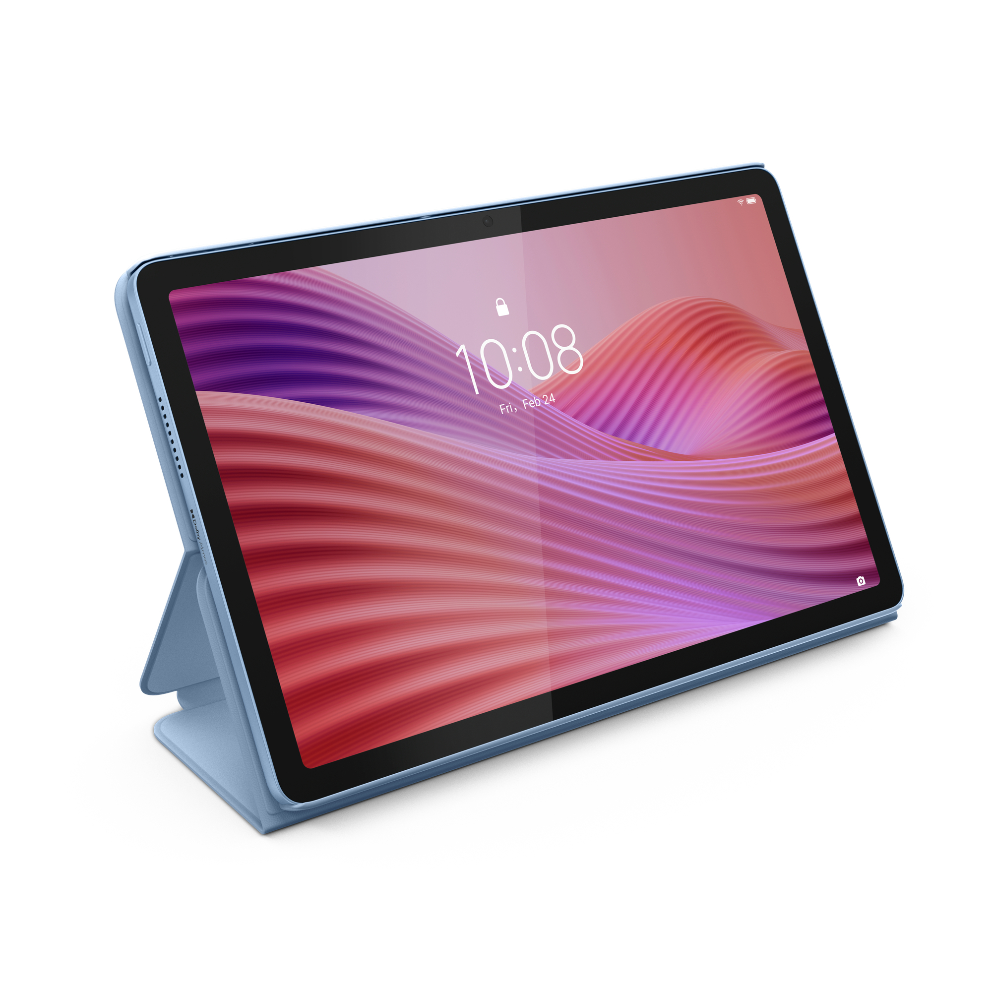 Ein blaues Tablet in einer Hülle. Der Bildschirm zeigt farbenfrohes Design. 10:08 Uhr, 24. Feb.