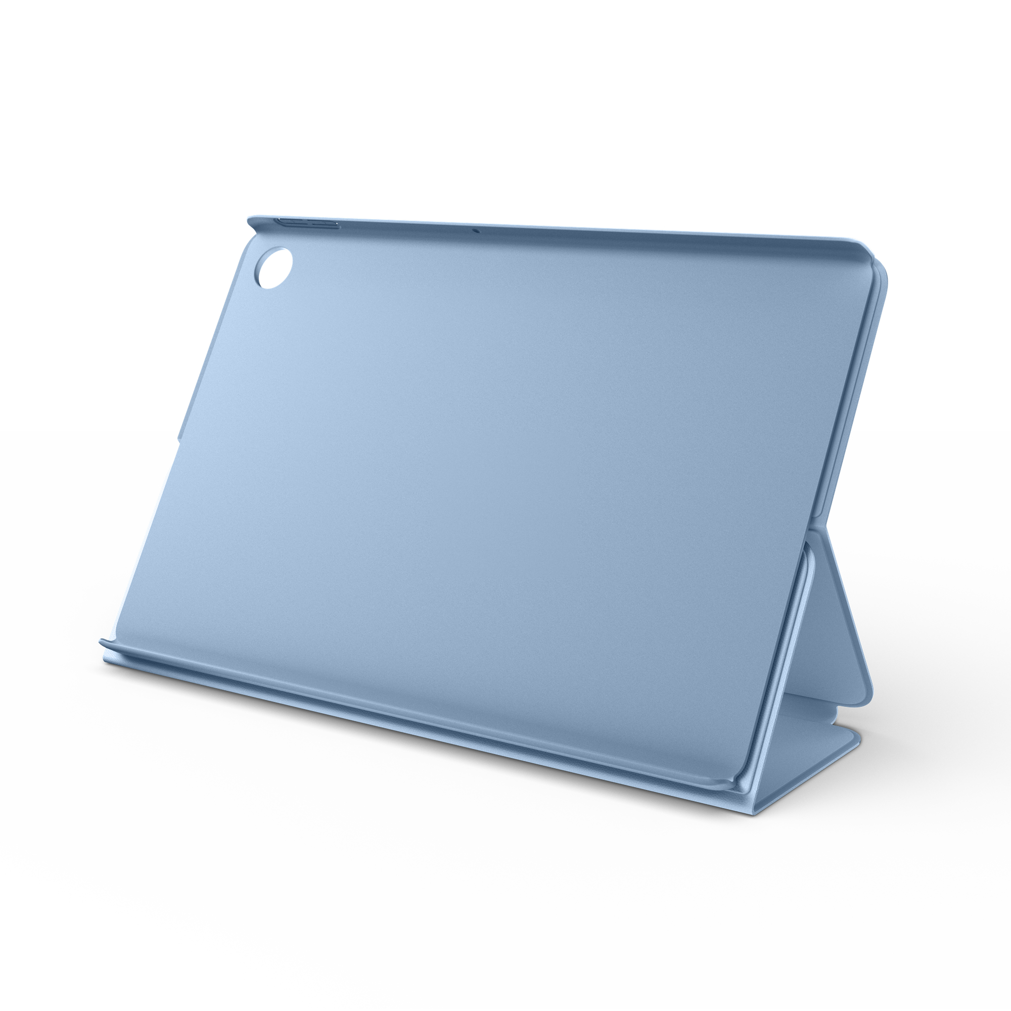 Blaue Tablethülle mit Ständer. Weißer Hintergrund.