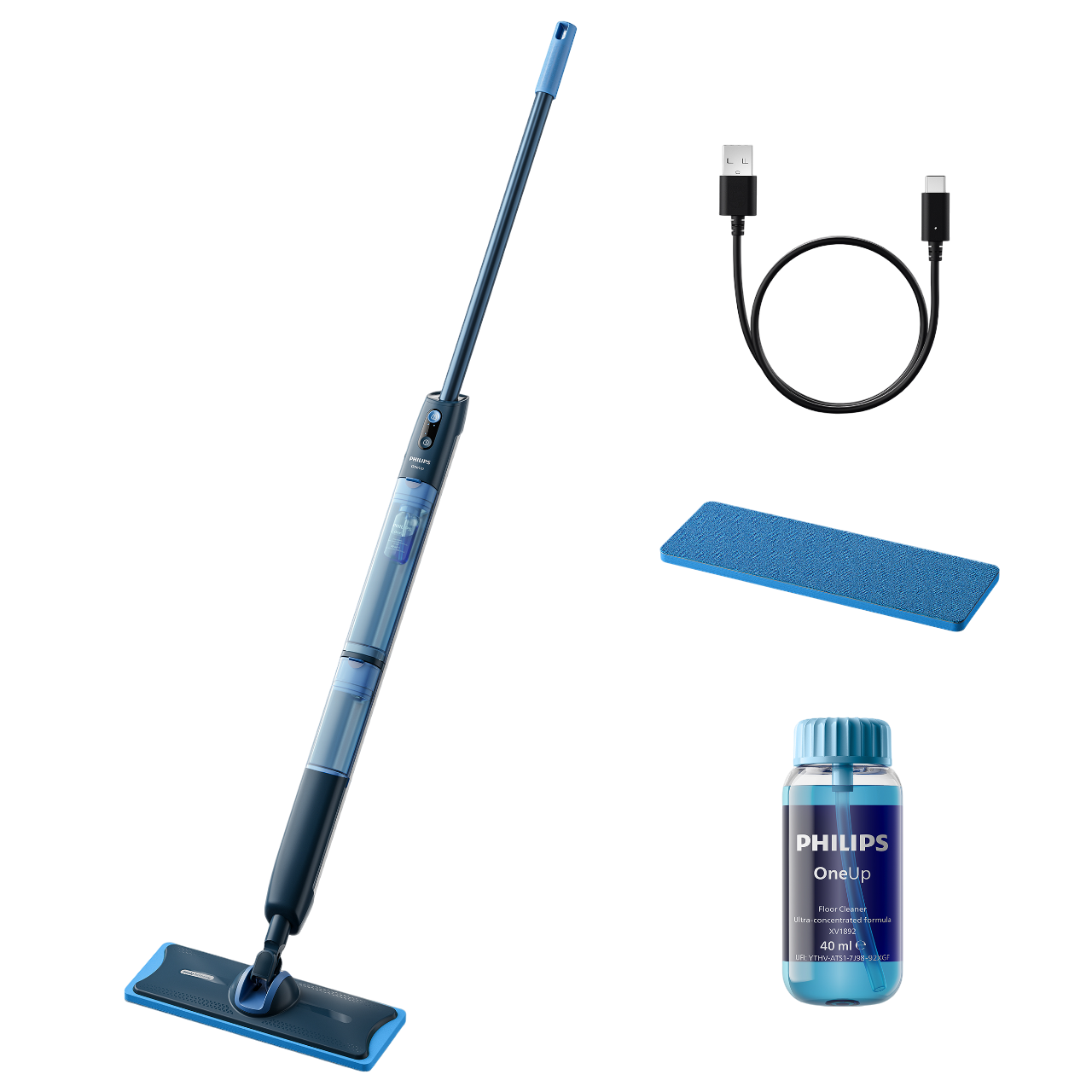Blauer Philips OneUp Wischmopp, Reinigungslösung und ein Ladekabel.