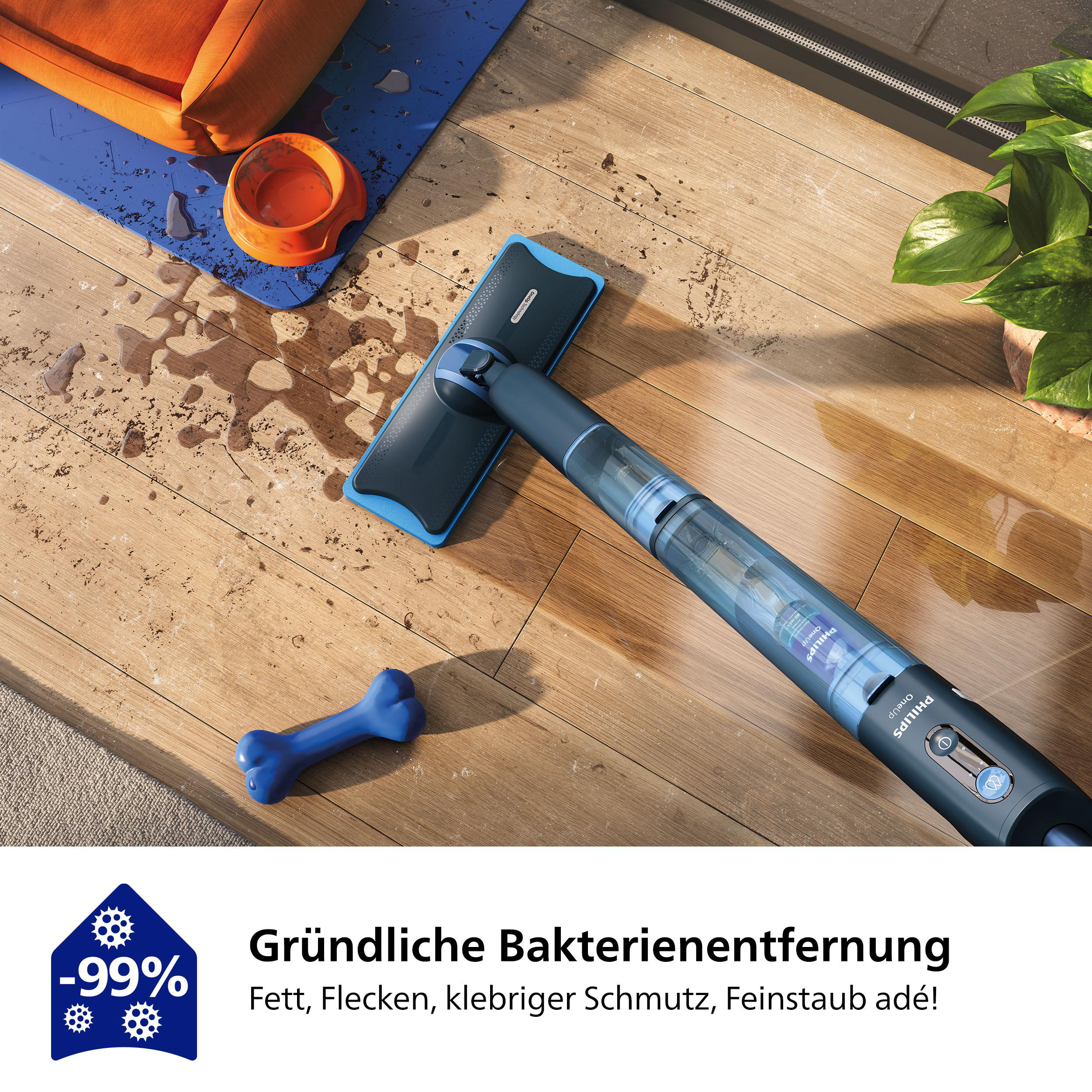 Ein Wischmopp reinigt einen Holzboden. Text sagt, dass es 99 % der Bakterien, Fett etc. entfernt.