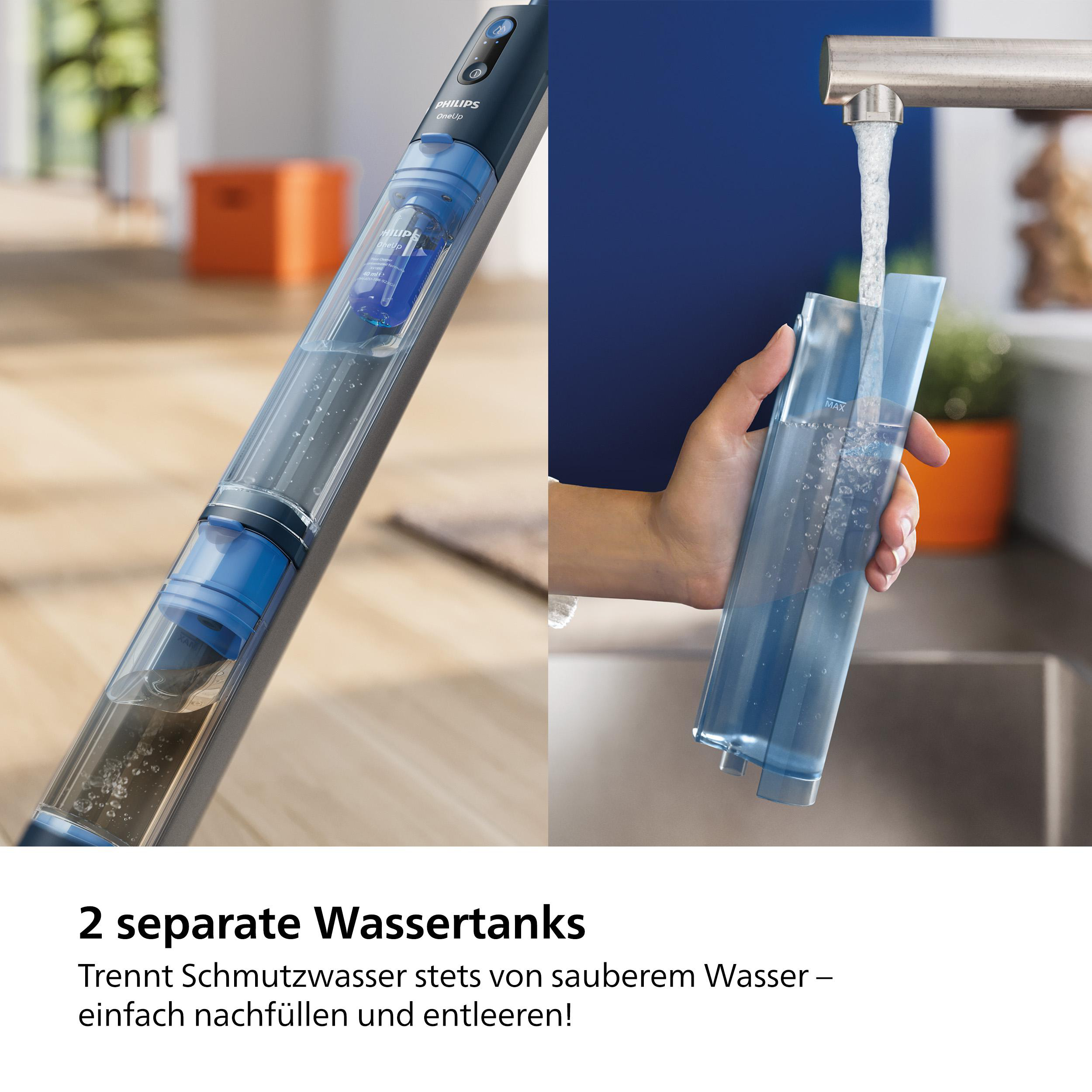 Zwei separate Wassertanks für den Wischmopp. Text sagt, dass es sauberes und schmutziges Wasser trennt.