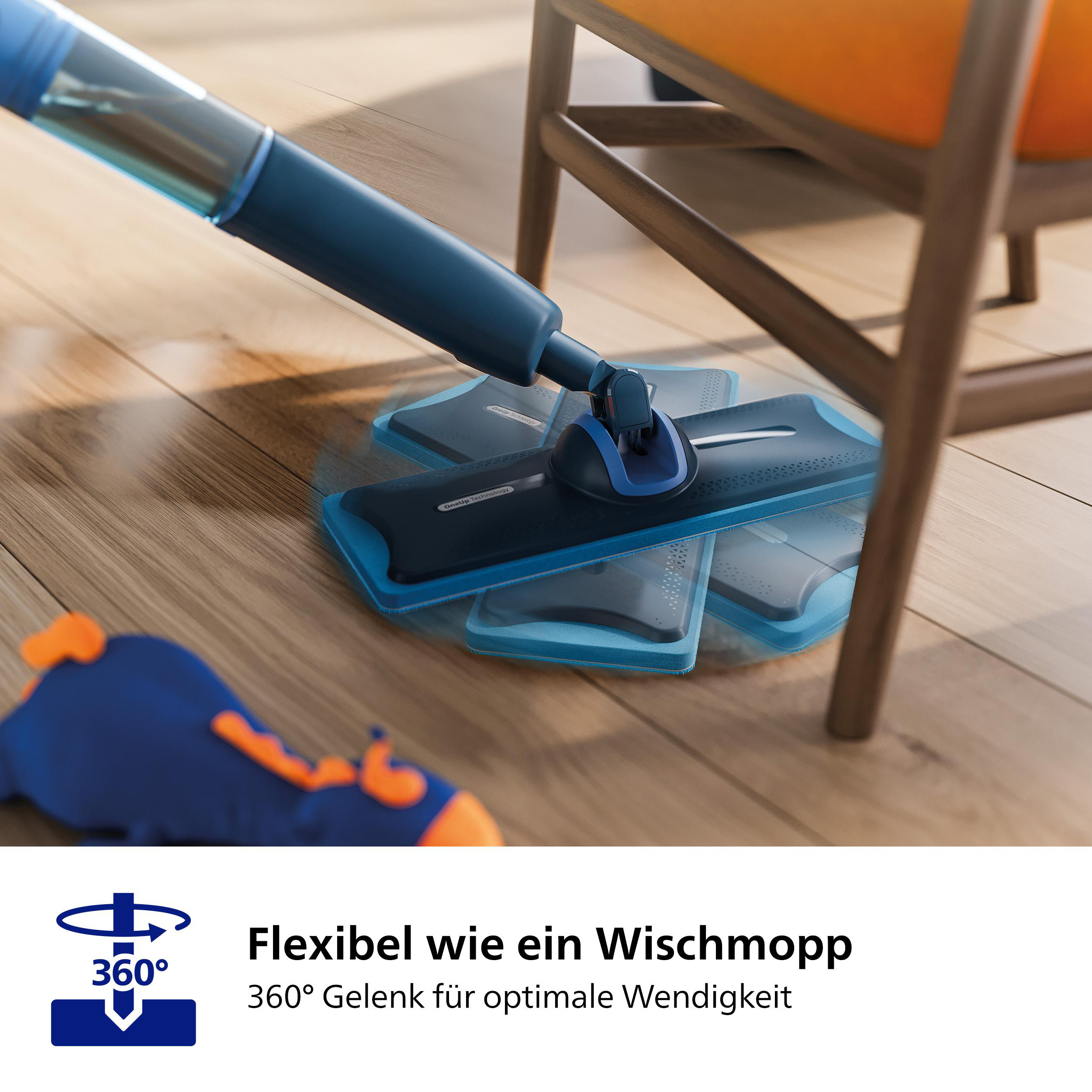 Ein blauer Wischmopp liegt auf einem Holzboden. Der Wischmoppkopf befindet sich in der Mitte des Bildes.