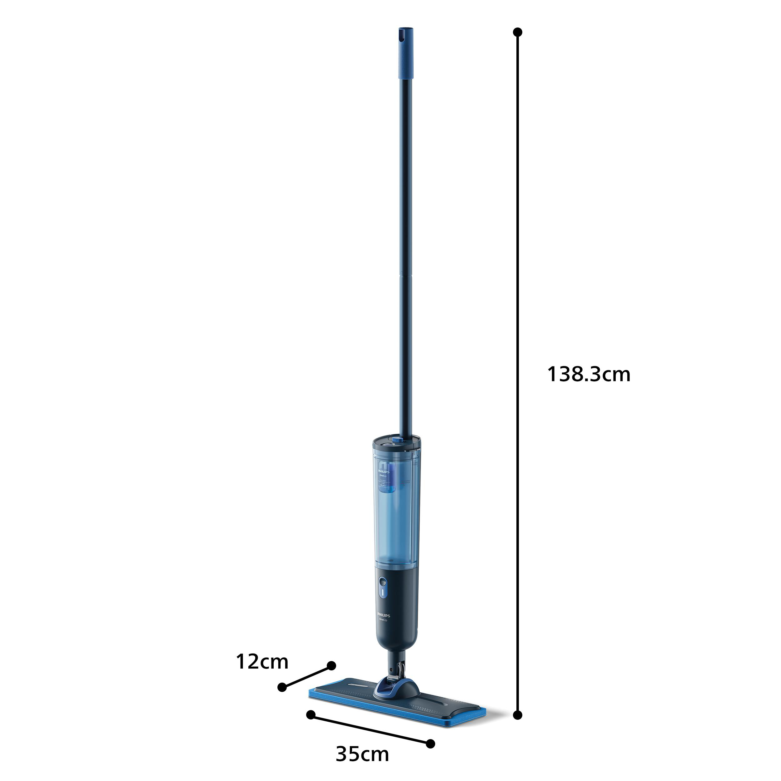 Ein blauer und schwarzer Mopp mit Maßen: 138,3 cm Höhe, 35 cm Breite, 12 cm Tiefe.