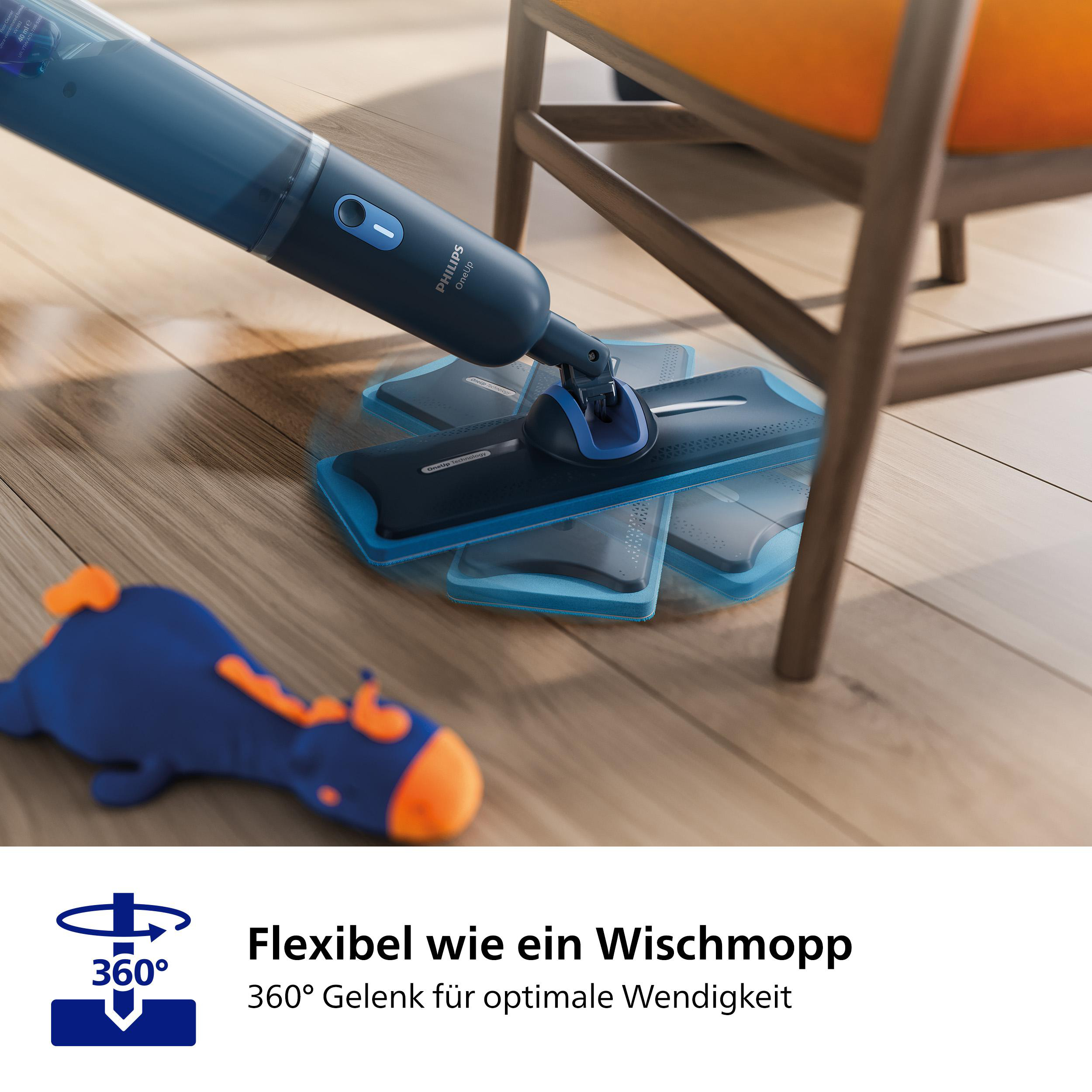 Blauer und grauer Wischmopp mit Holzboden und Stuhl.
