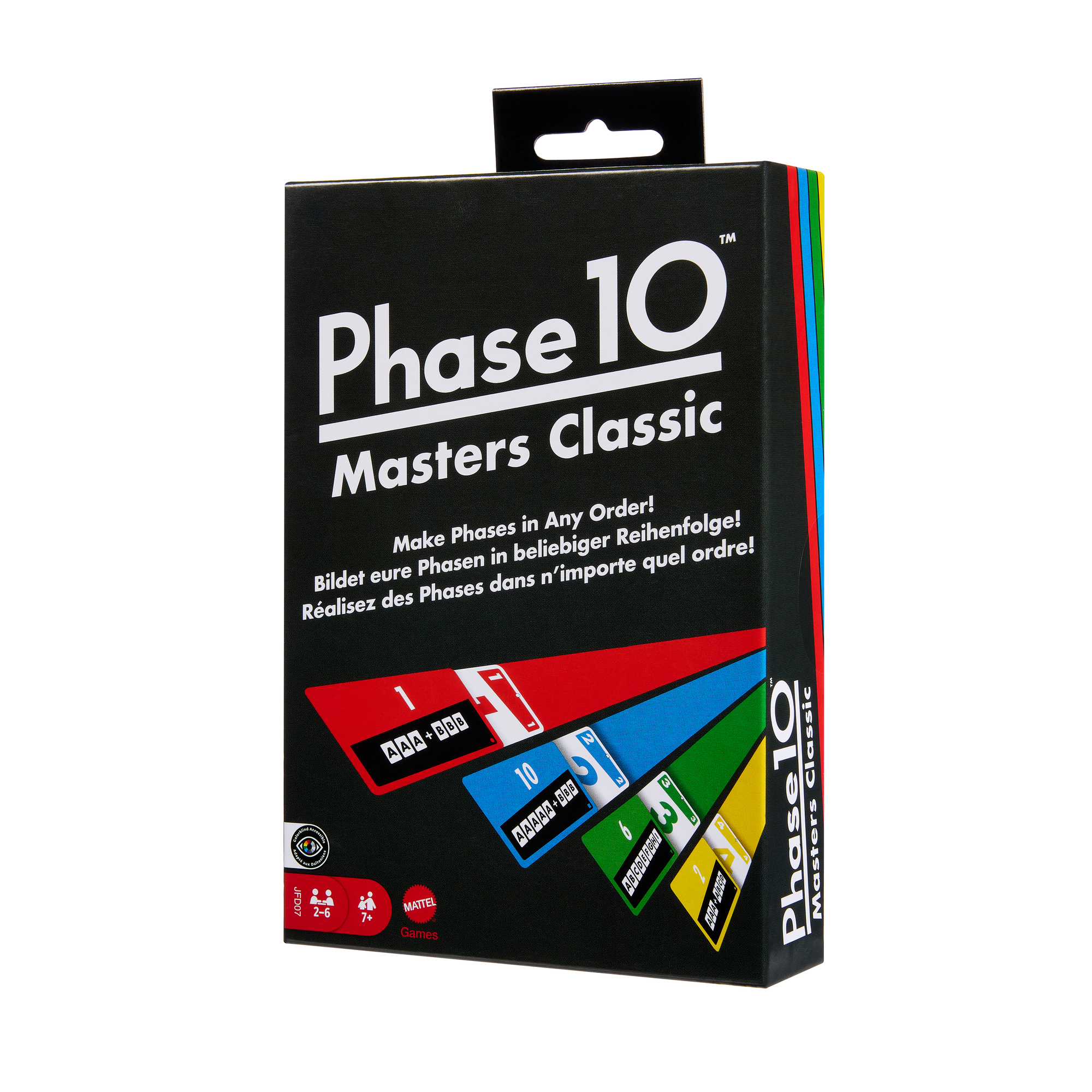 Phase 10 Masters Classic Kartenspielbox, schwarz mit roten, blauen, grünen und gelben Karten.