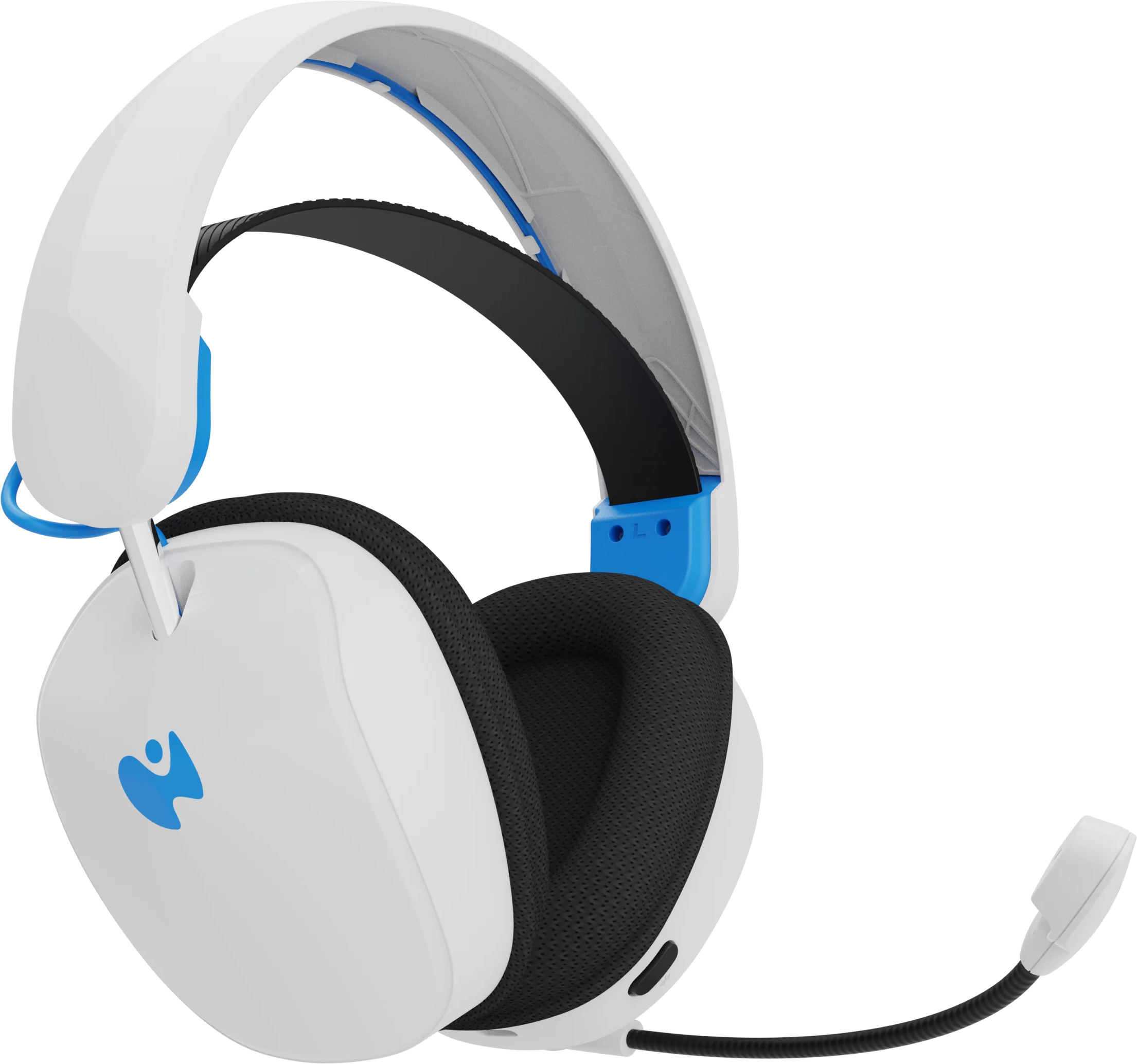 Casque blanc et bleu avec microphone, oreillettes noires et logo.