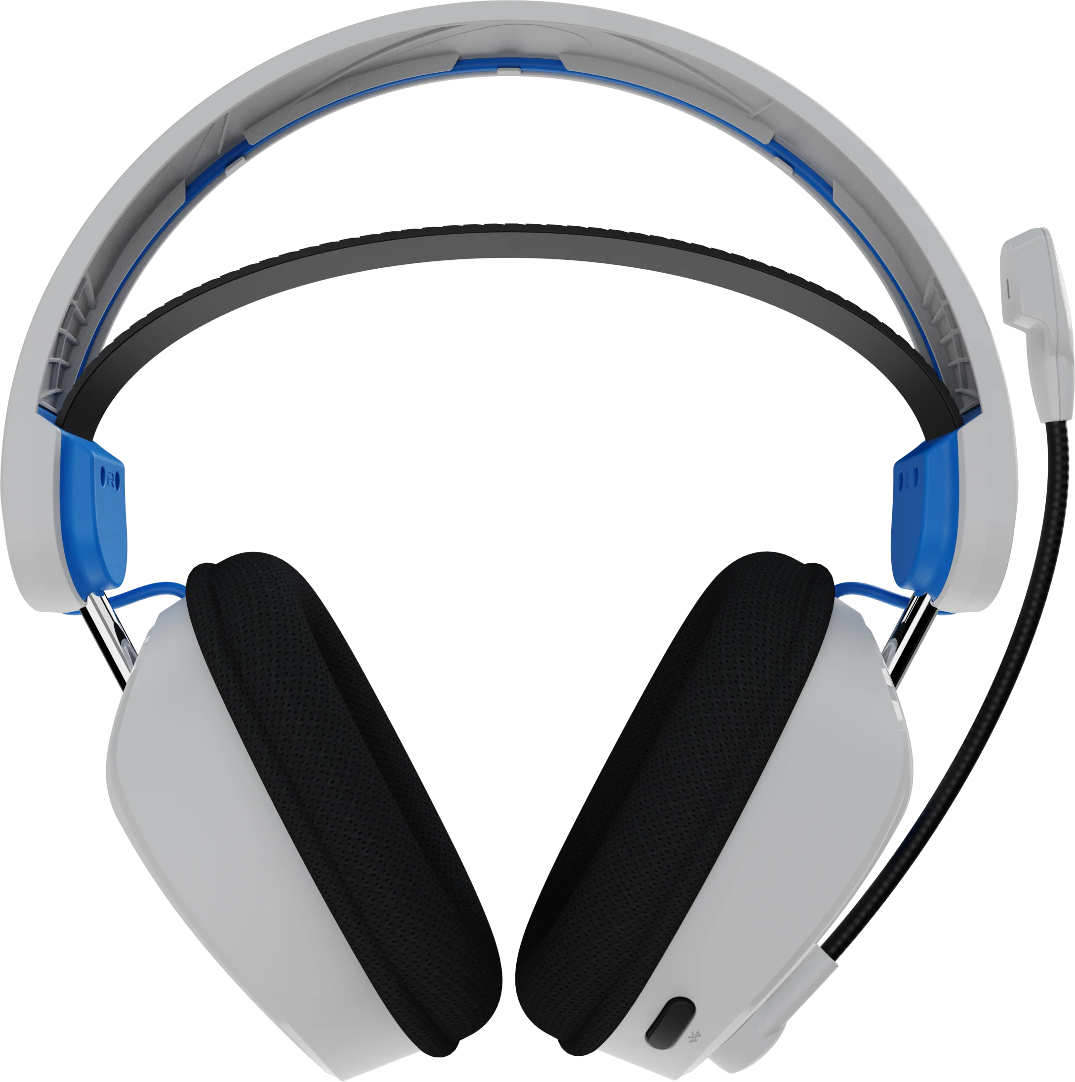 Casque de jeu blanc et bleu avec oreillettes noires et micro, isolé.