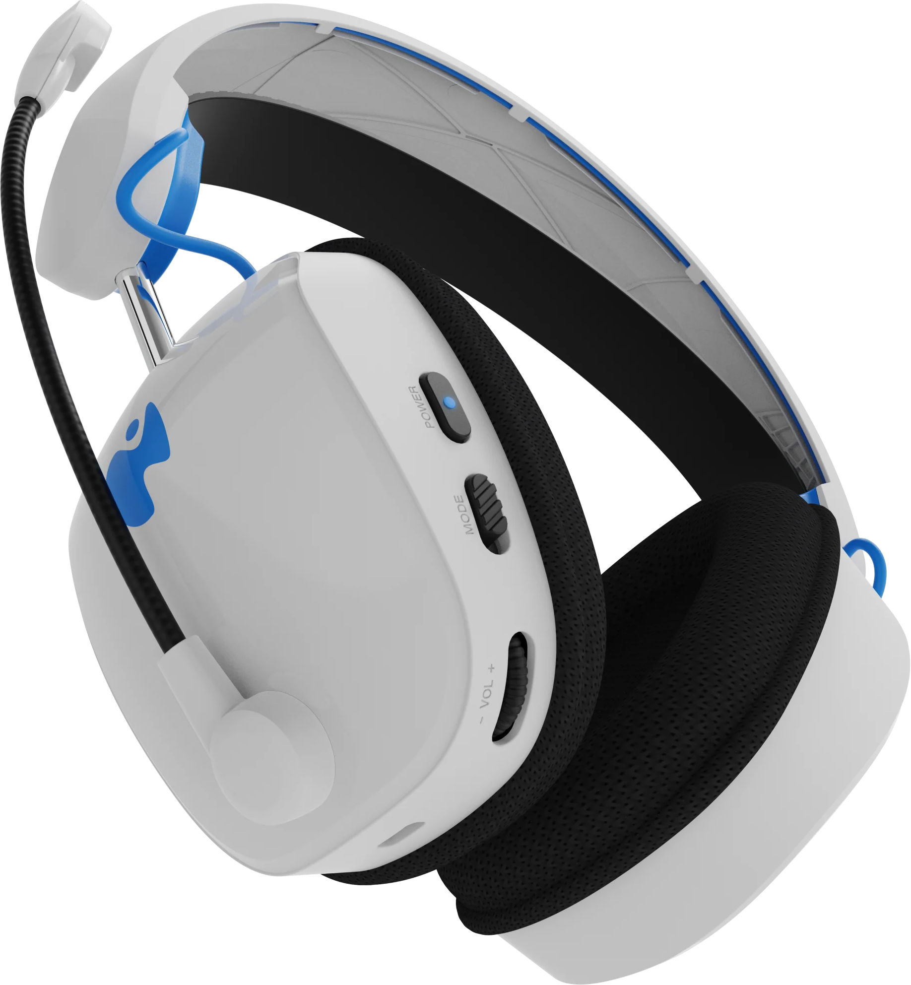 Casque de jeu blanc et bleu avec microphone. Sur les écouteurs, il y a des boutons d'alimentation et de volume.