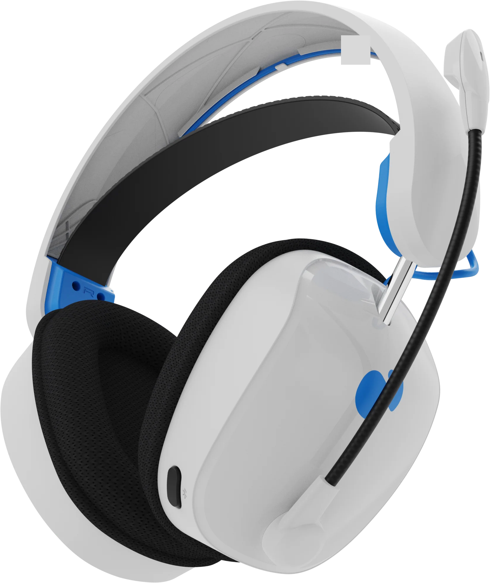 Casque de jeu blanc et bleu avec microphone, isolé sur fond transparent.