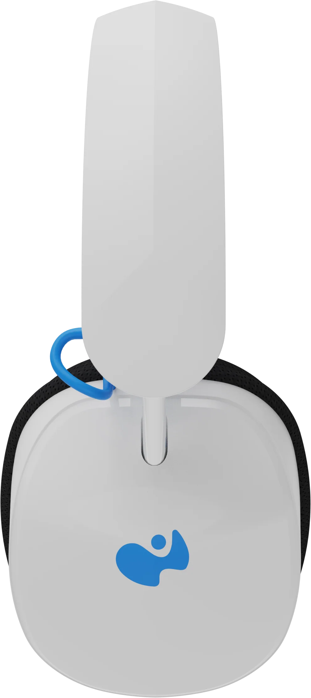 Vue de dessus d'un casque blanc avec un accent bleu et un logo sur une surface noire.