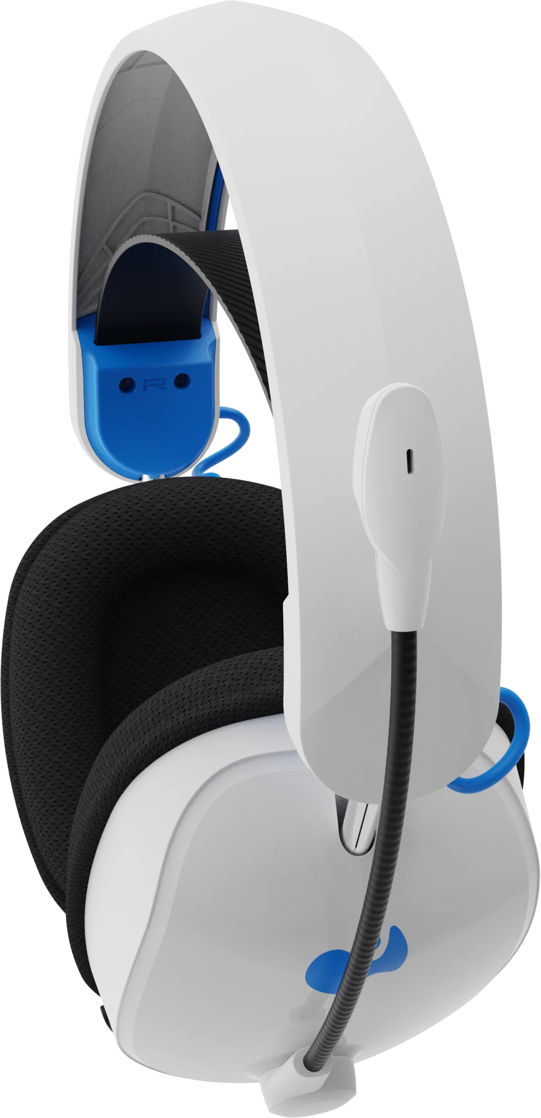 Casque de jeu blanc avec accents bleus et microphone.