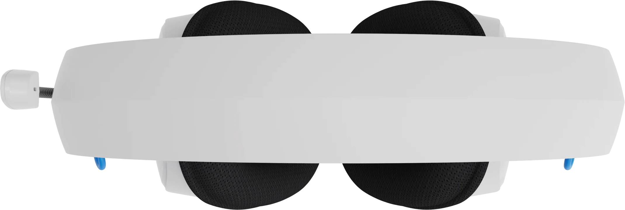 Casque VR blanc, vue de dessus. Le casque a des écouteurs noirs et un bandeau blanc.