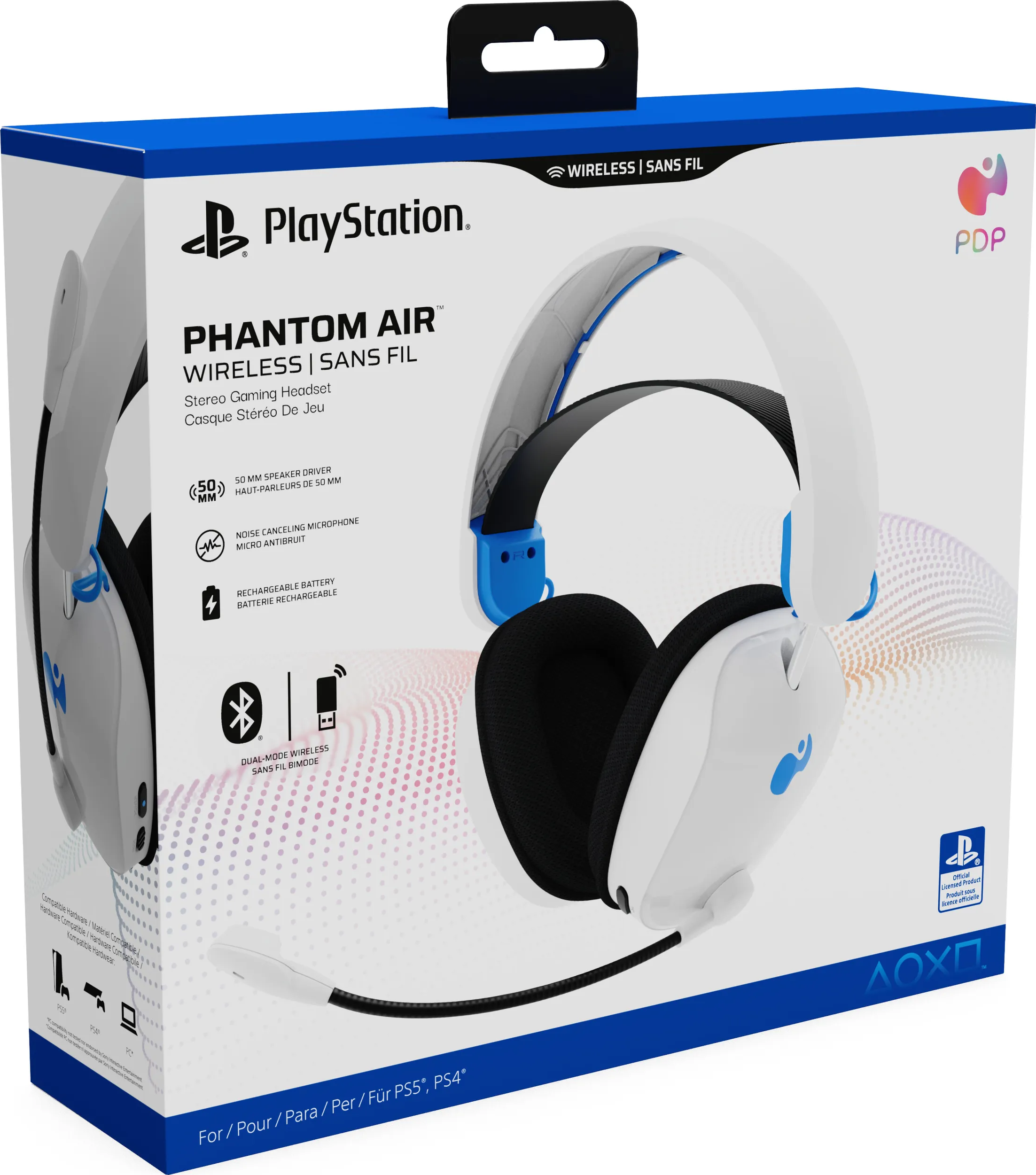 Boîte du casque de jeu sans fil PlayStation Phantom Air. Elle est blanche et bleue.