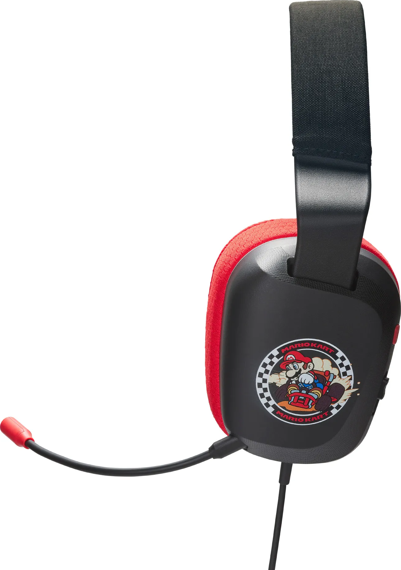 Schwarzes und rotes Headset mit Mario Kart-Aufkleber. Das Mikrofon ist rot.