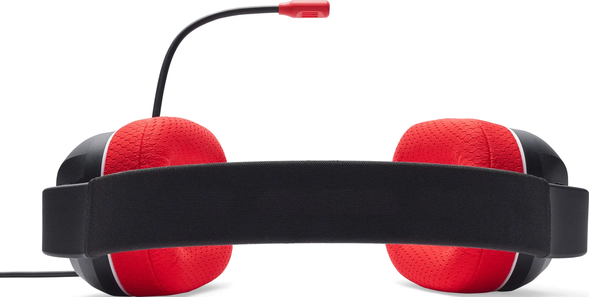 Rotes Gaming-Headset mit schwarzem Bügel und Mikrofon. Der Hintergrund ist weiß.