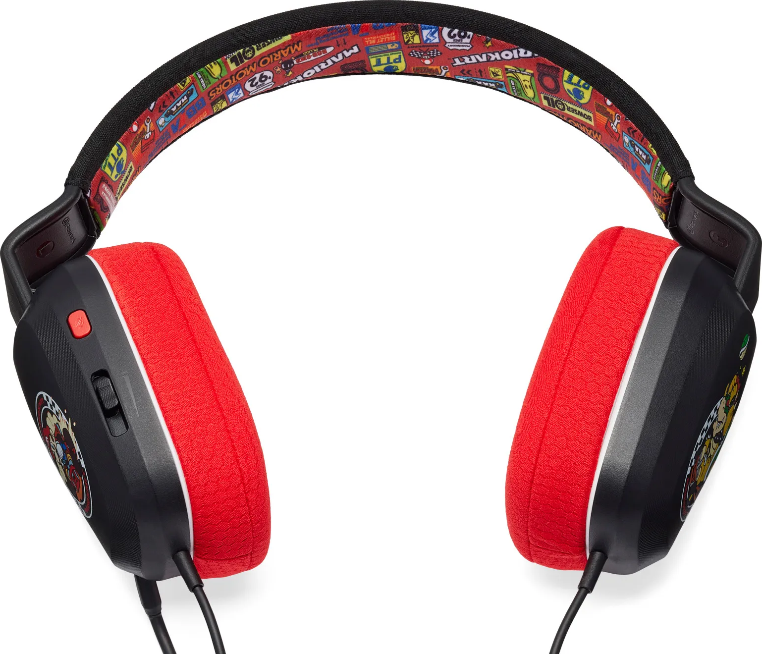 Gaming-Headset mit roten Ohrmuscheln und Mario Kart Design auf dem Bügel.