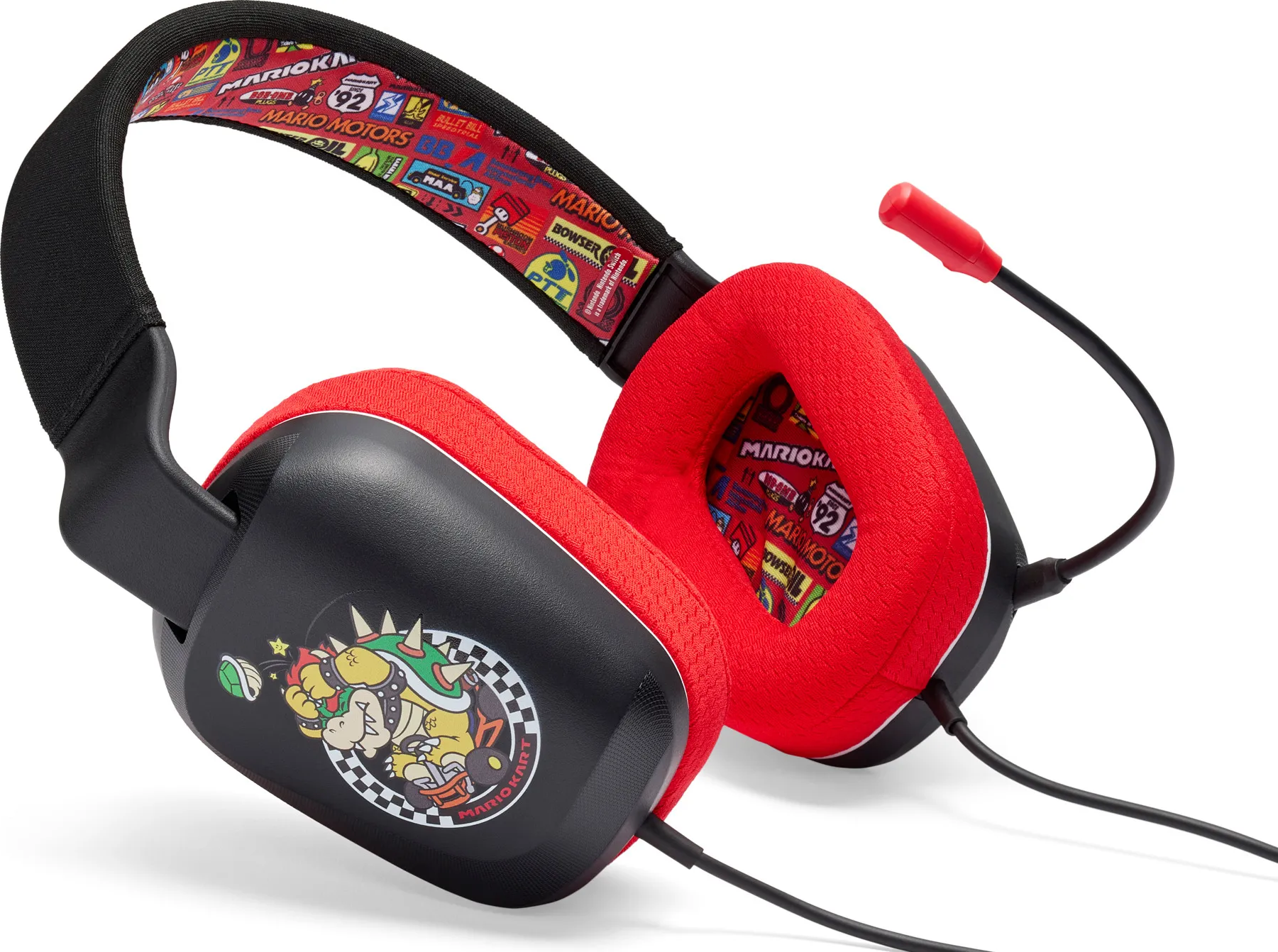 Gaming-Headset im Mario Kart-Design mit roten Ohrmuscheln und Mikrofon.