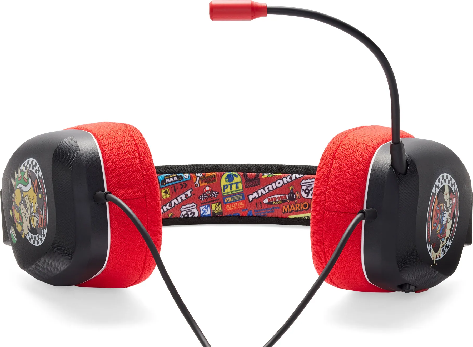 Rotes und schwarzes Mario Kart Headset mit Mikrofon. Bedrucktes Kopfband.