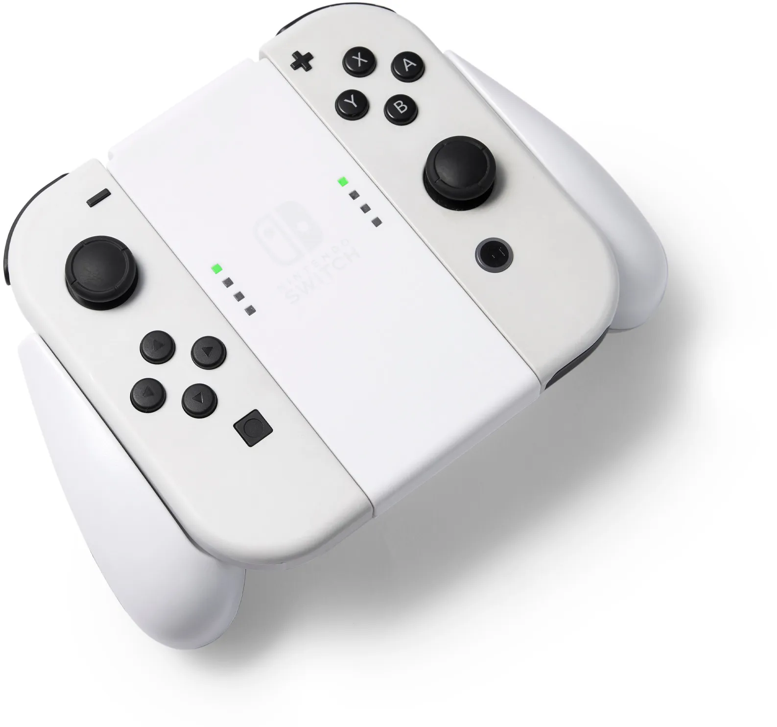 Controller Nintendo Switch bianchi. Il controller è in due parti con pulsanti e joystick.