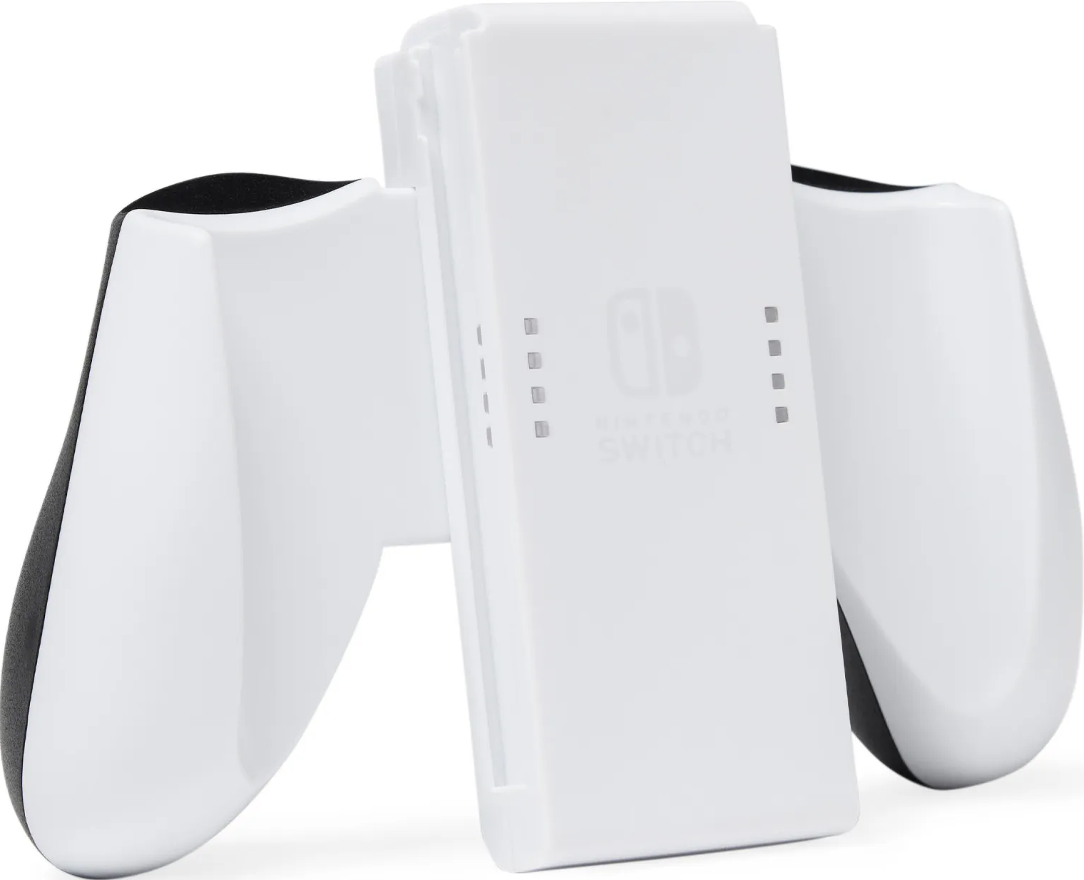 Controller bianchi Nintendo Switch con impugnatura di ricarica. I controller sono bianchi, su sfondo bianco.