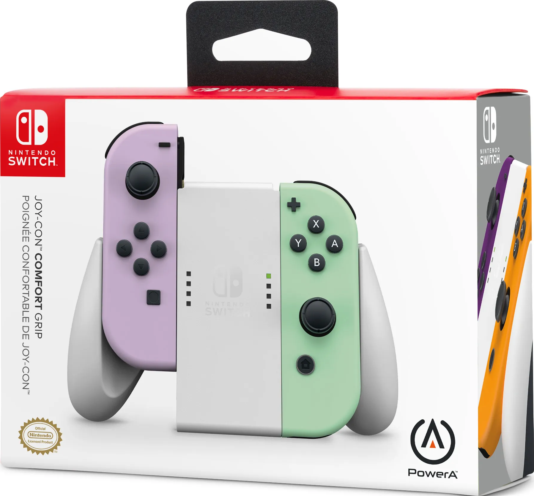 Scatola controller Nintendo Switch Joy-Con con controller viola, verdi e bianchi.