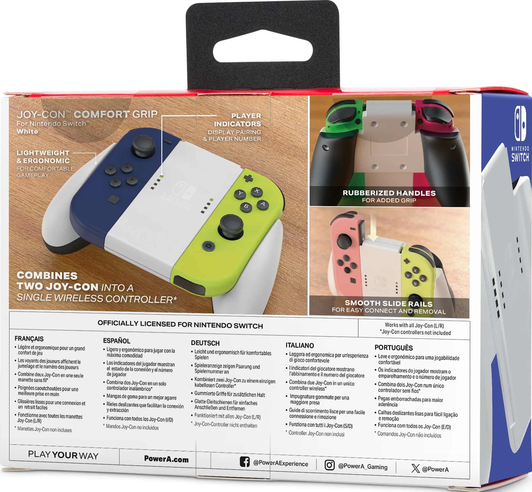 Una scatola bianca e colorata che mostra un controller Joy-Con e le sue caratteristiche.