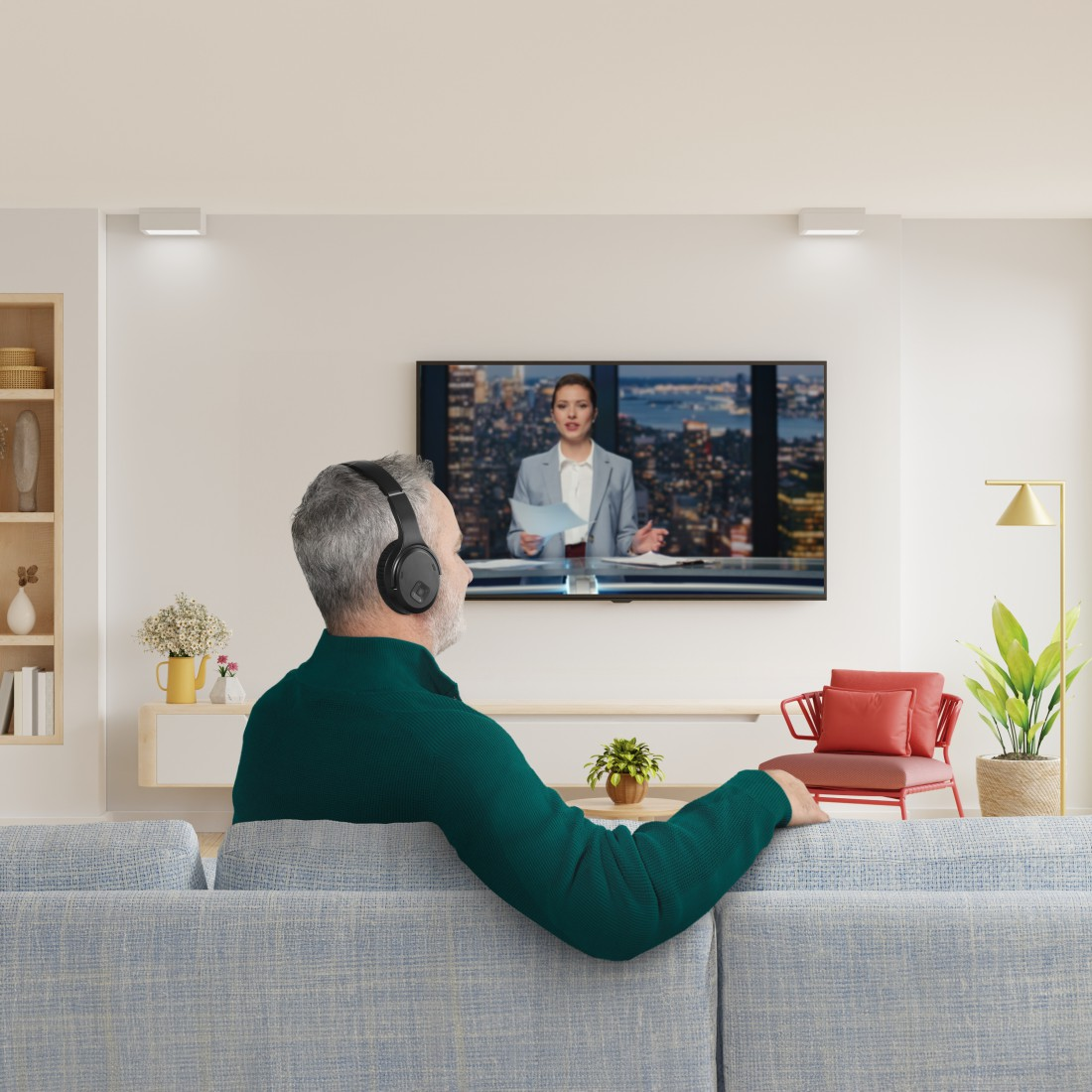 Un homme portant un casque regarde la télévision. Une femme à l'écran présente les informations. La pièce a un canapé.