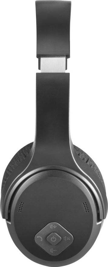 Casque noir, vue de dessous montrant les commandes et l'écouteur.