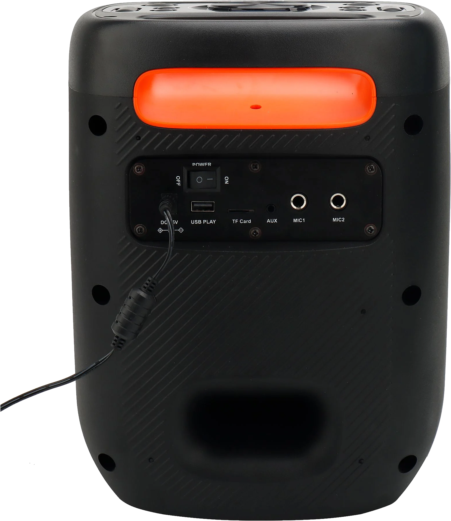 Un haut-parleur noir avec panneau de contrôle et dessus orange.